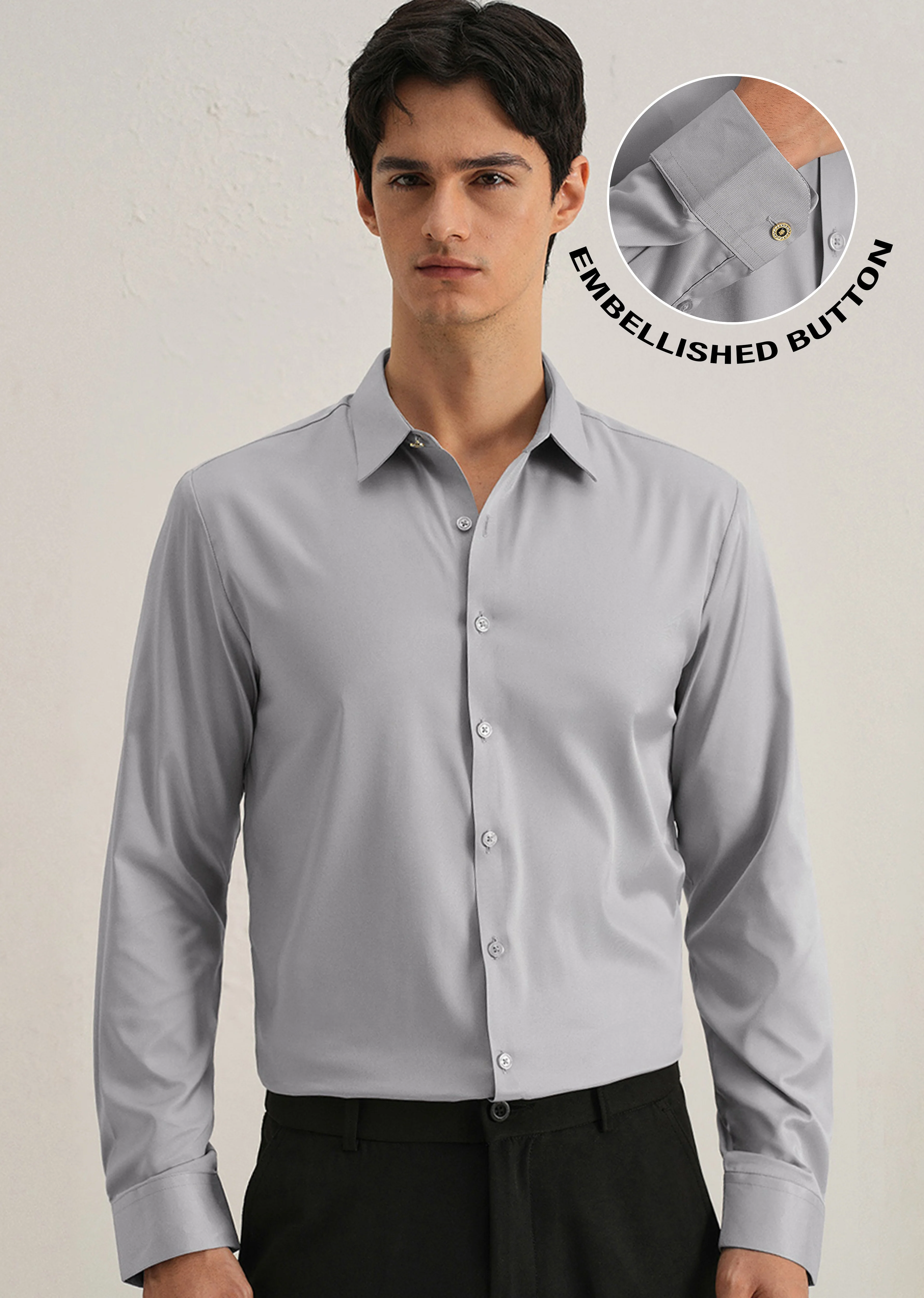 Cloud Grey Plain Stitchless Placket Shirt - Image 7