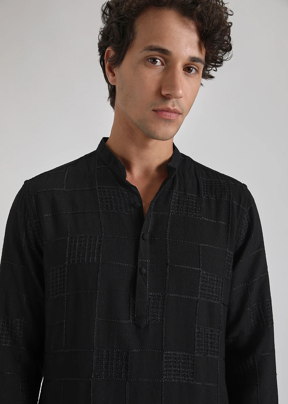 Coal Black Self Thread Embroidered Kurta - Image 2