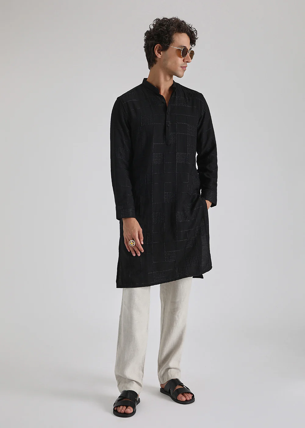 Coal Black Self Thread Embroidered Kurta - Image 6