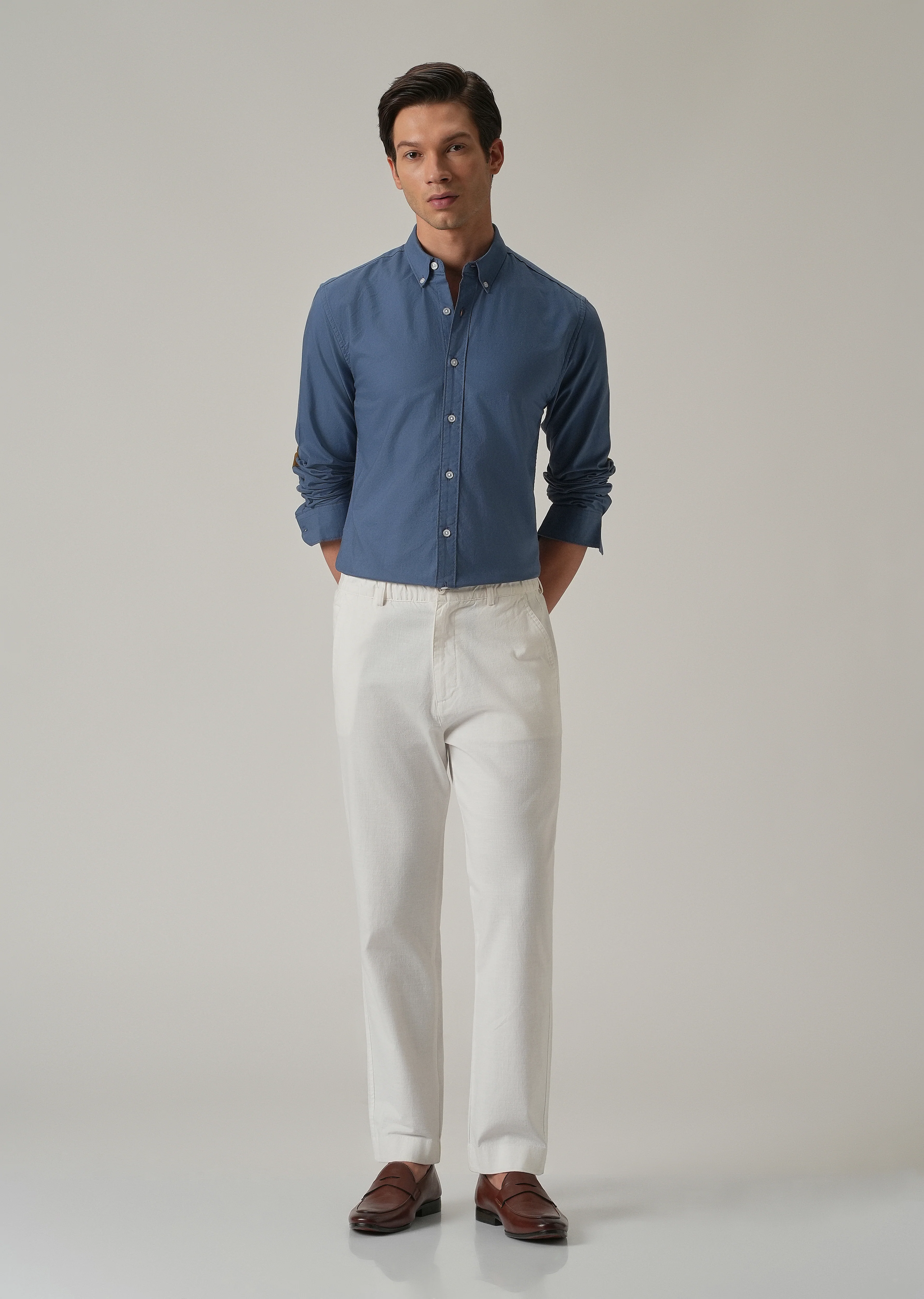 Cobalt Blue Plain Elbow Patch Oxford Shirt - Image 8