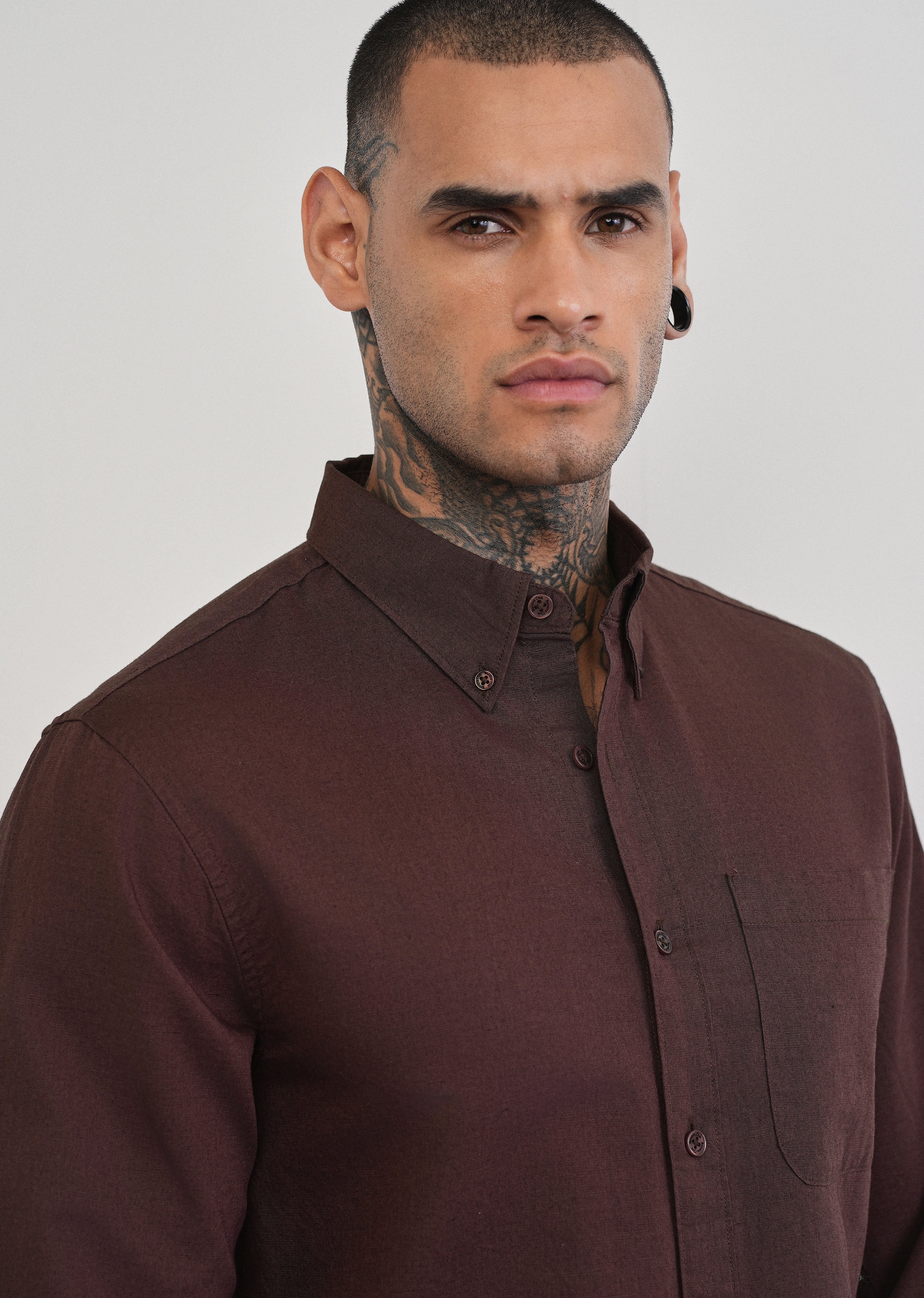 Coffee Brown Cotton Linen Plain Shirt - Image 5
