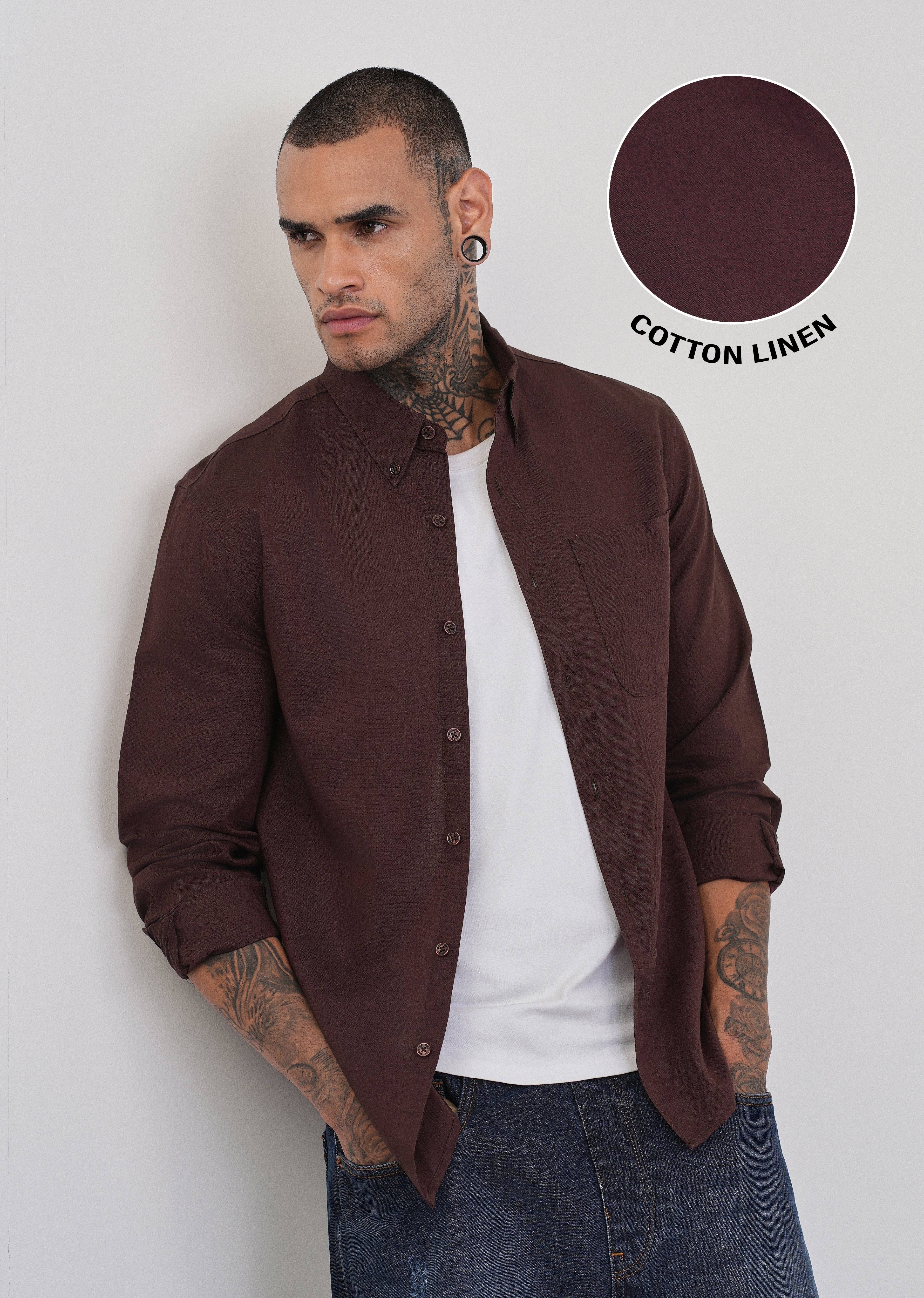 Coffee Brown Cotton Linen Plain Shirt - Image 7