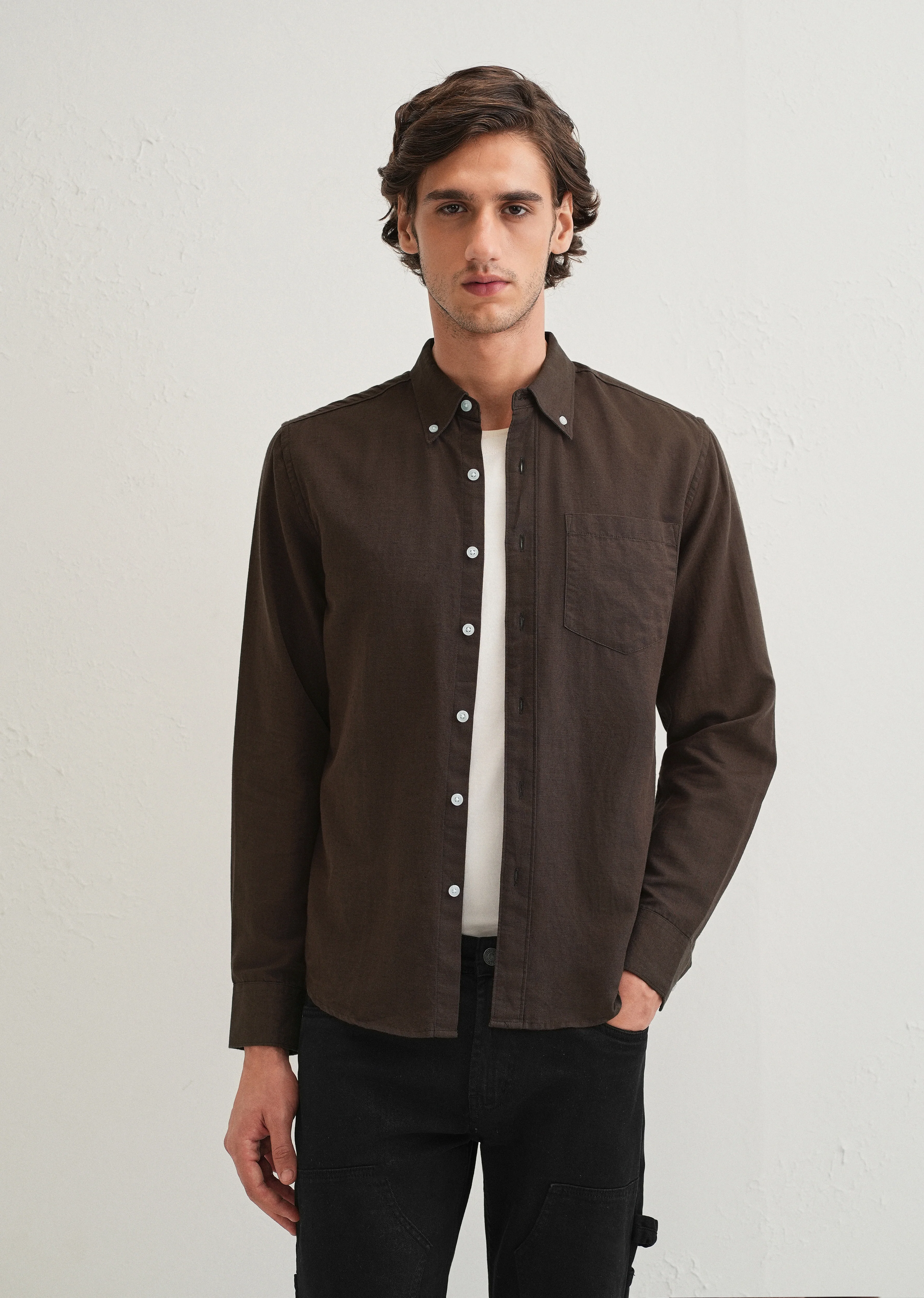 Coffee Brown Cotton Linen Shirt - Image 2