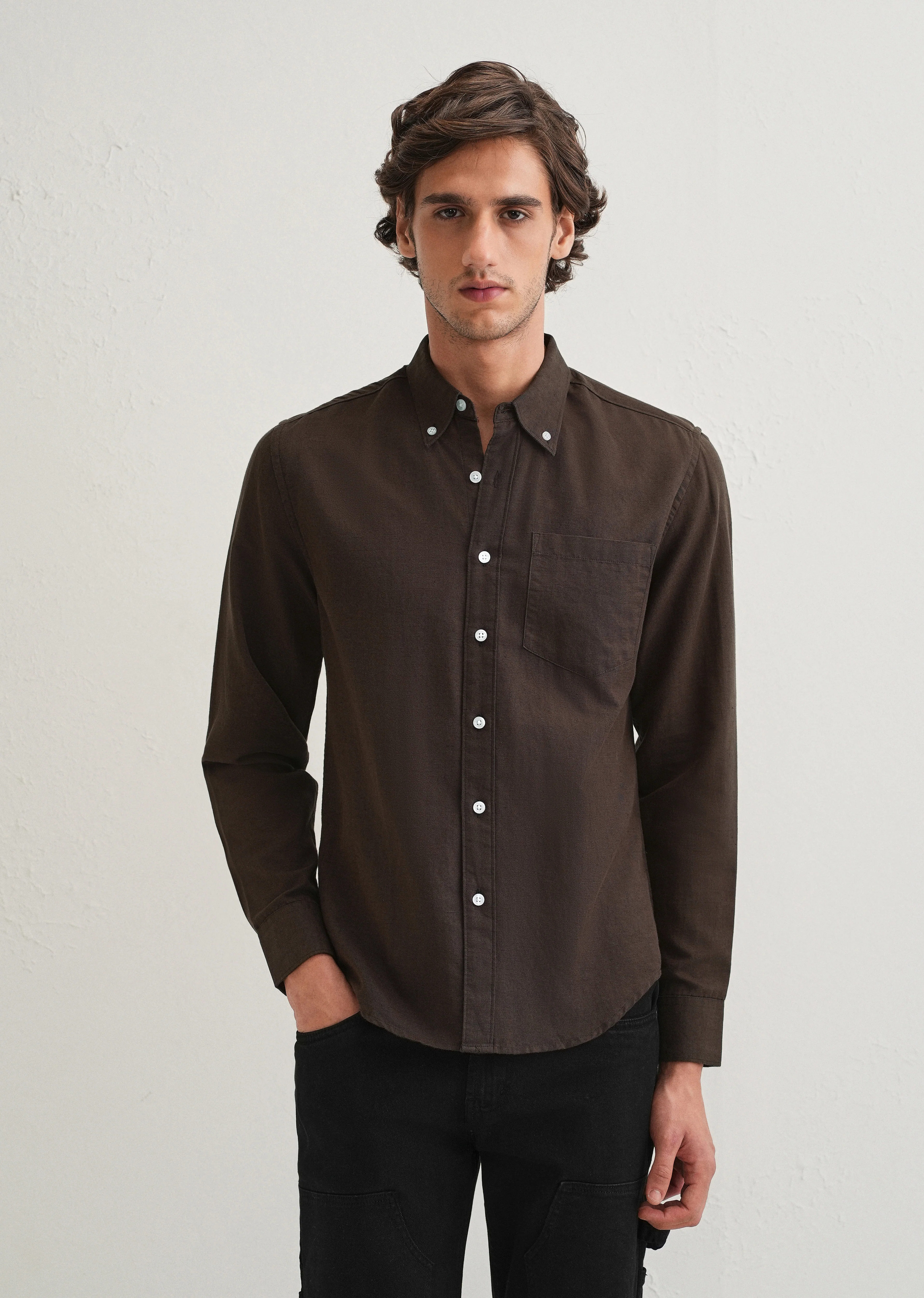 Coffee Brown Cotton Linen Shirt - Image 4