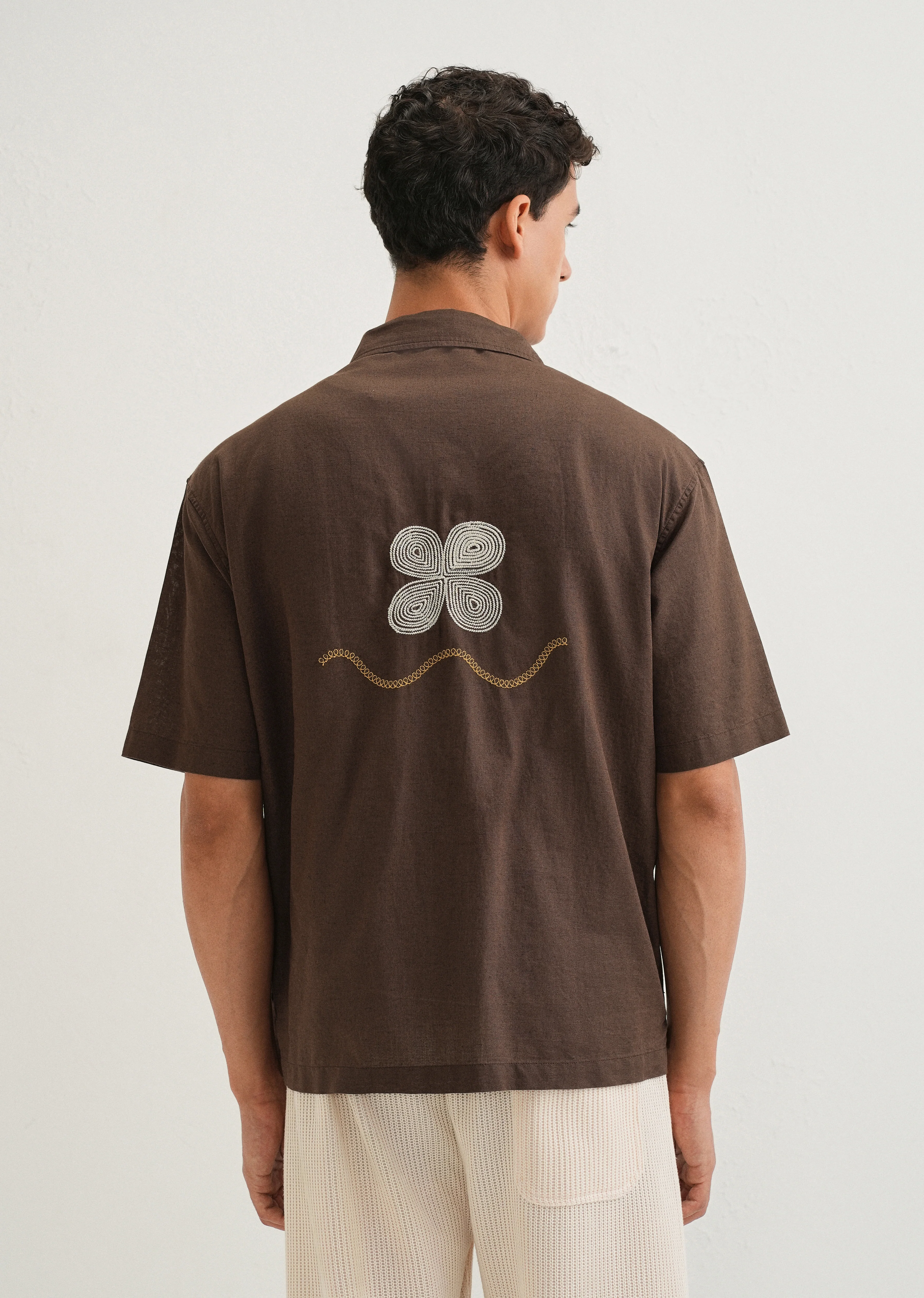 Coffee Brown Embroidery Cuban Collar Shirt - Image 2