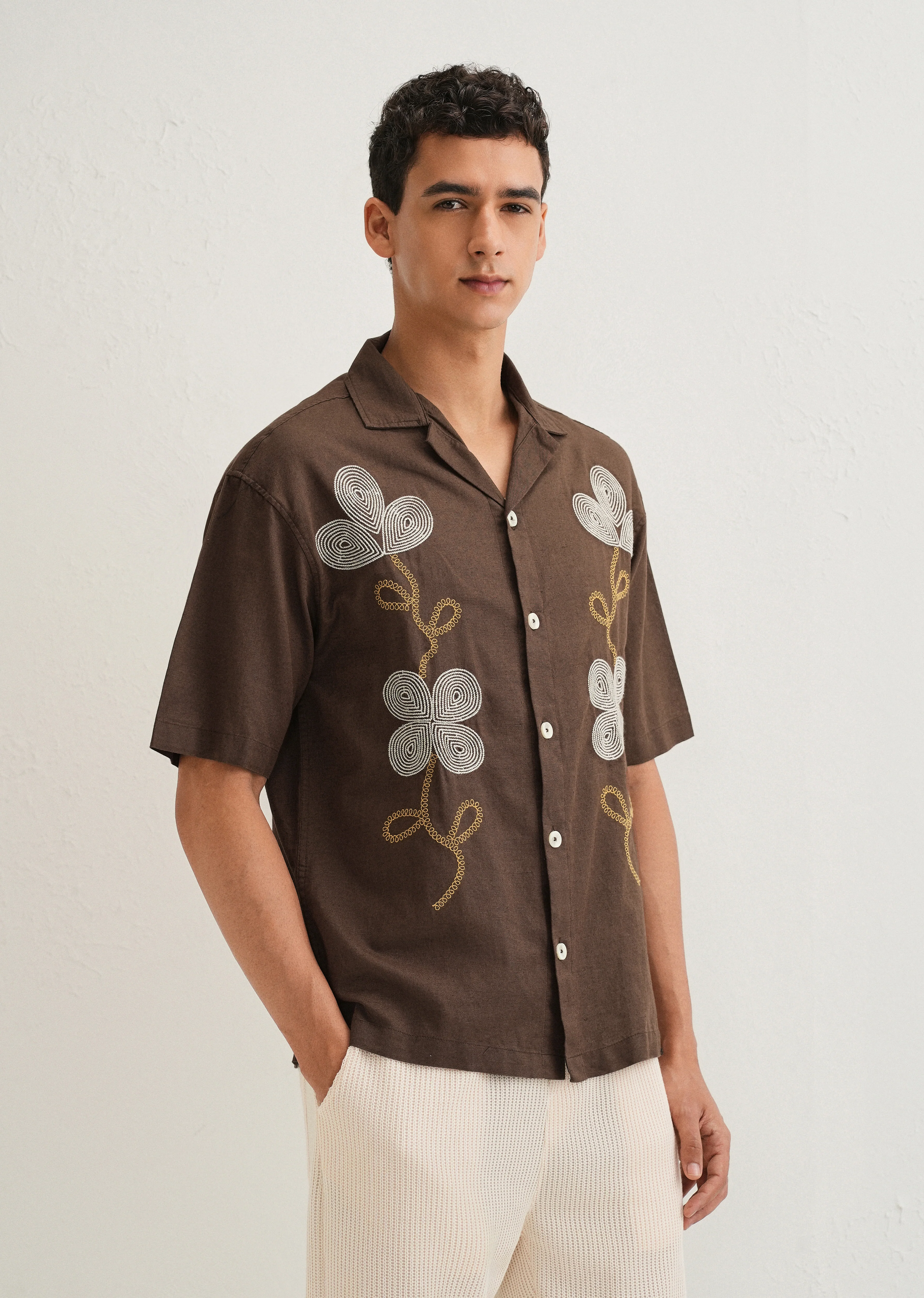 Coffee Brown Embroidery Cuban Collar Shirt - Image 4