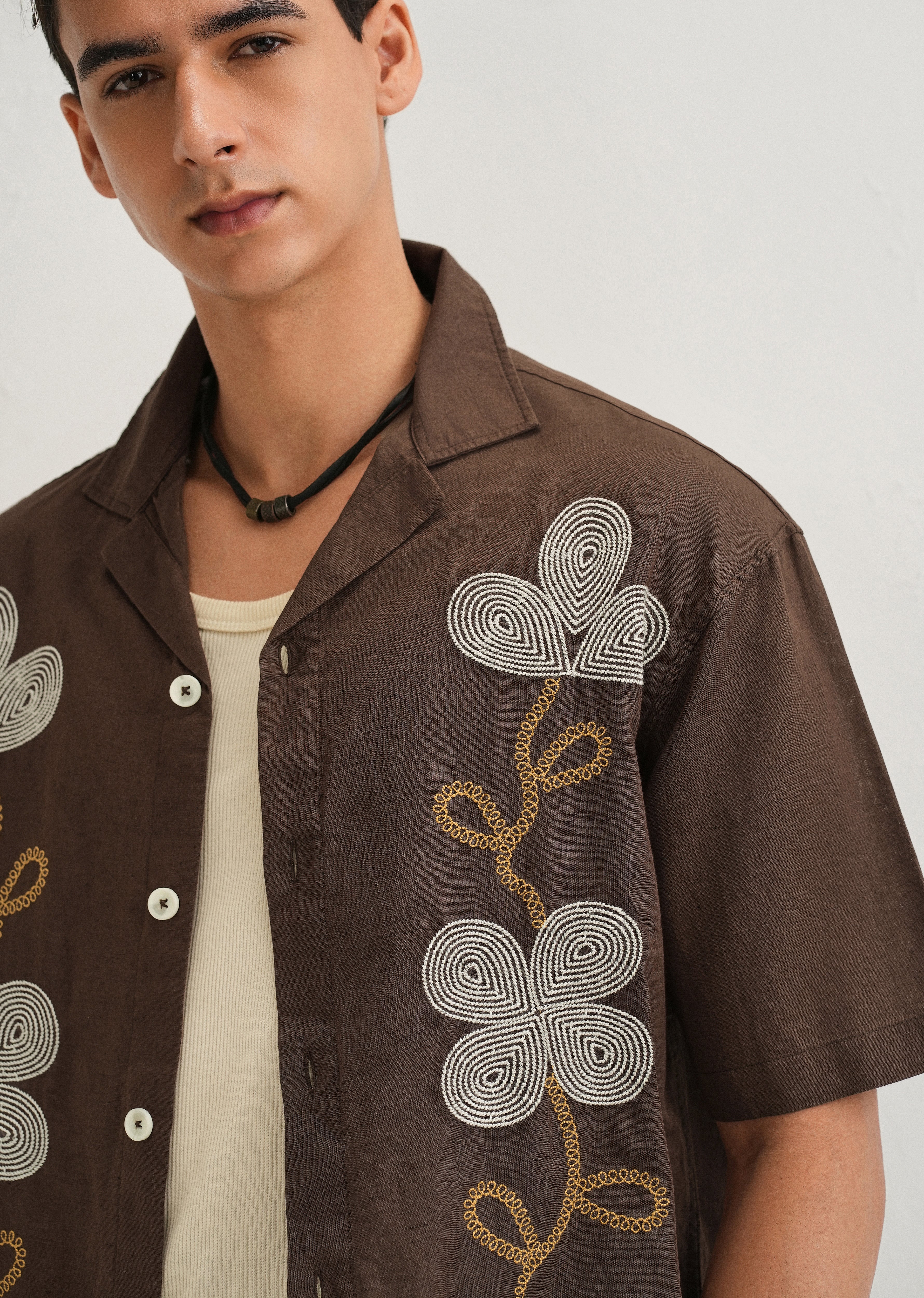 Coffee Brown Embroidery Cuban Collar Shirt - Image 5