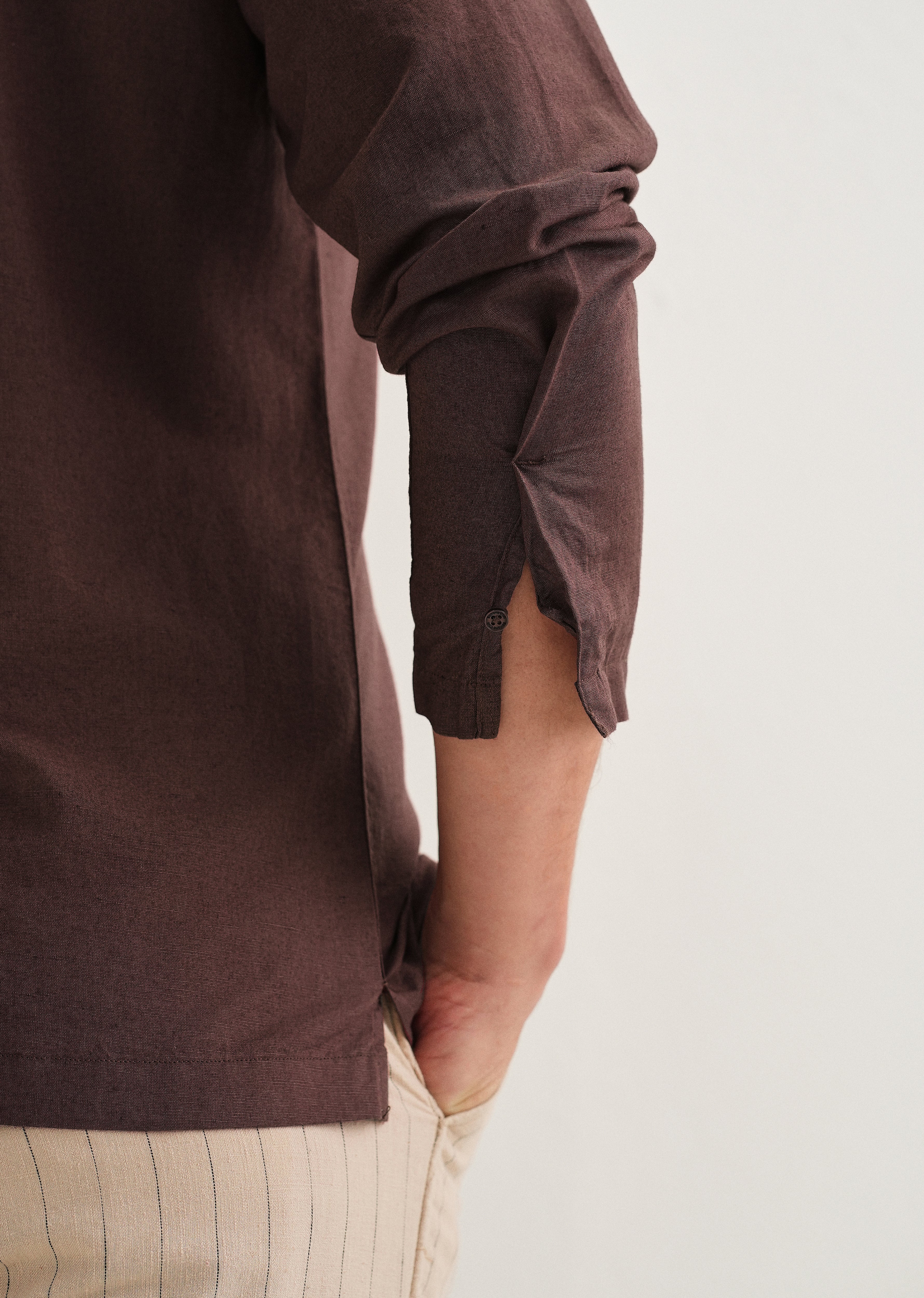Coffee Brown Hidden Sleeve Placket Cotton Linen Shirt - Image 2