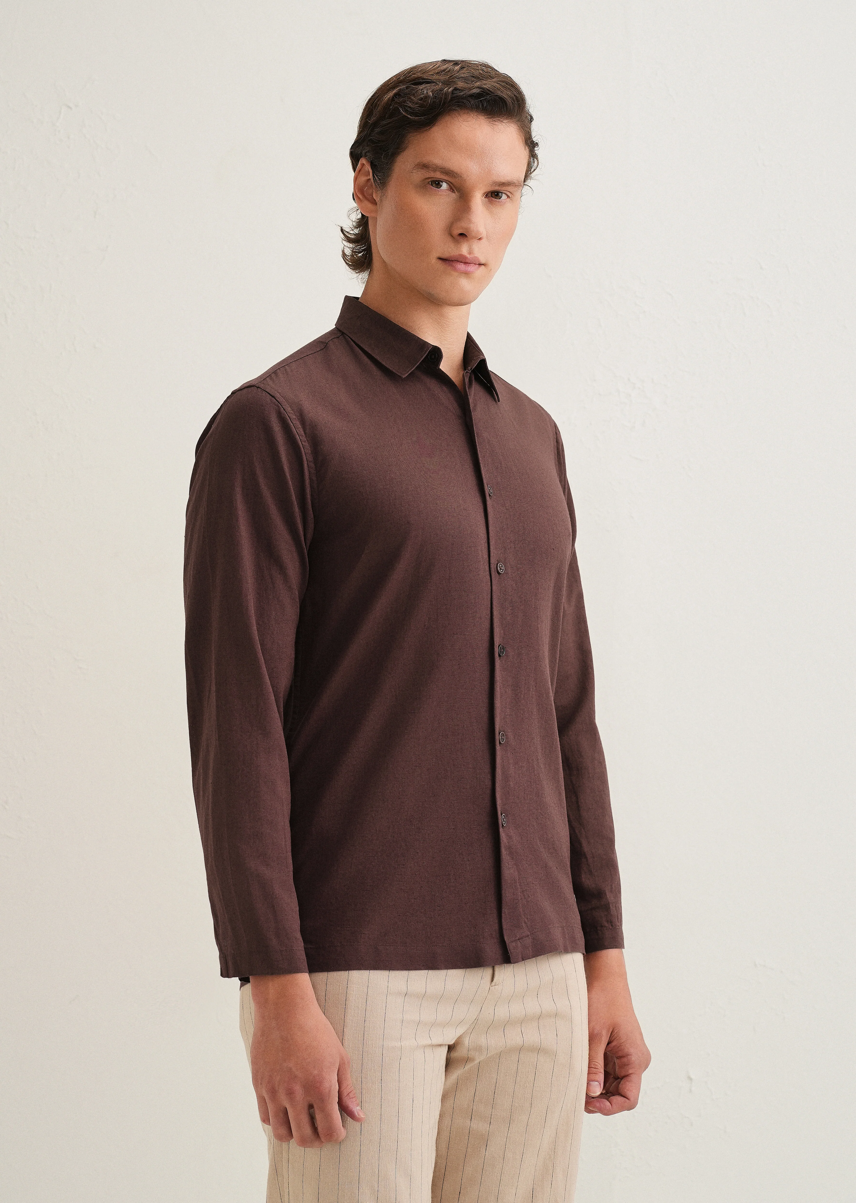 Coffee Brown Hidden Sleeve Placket Cotton Linen Shirt - Image 5