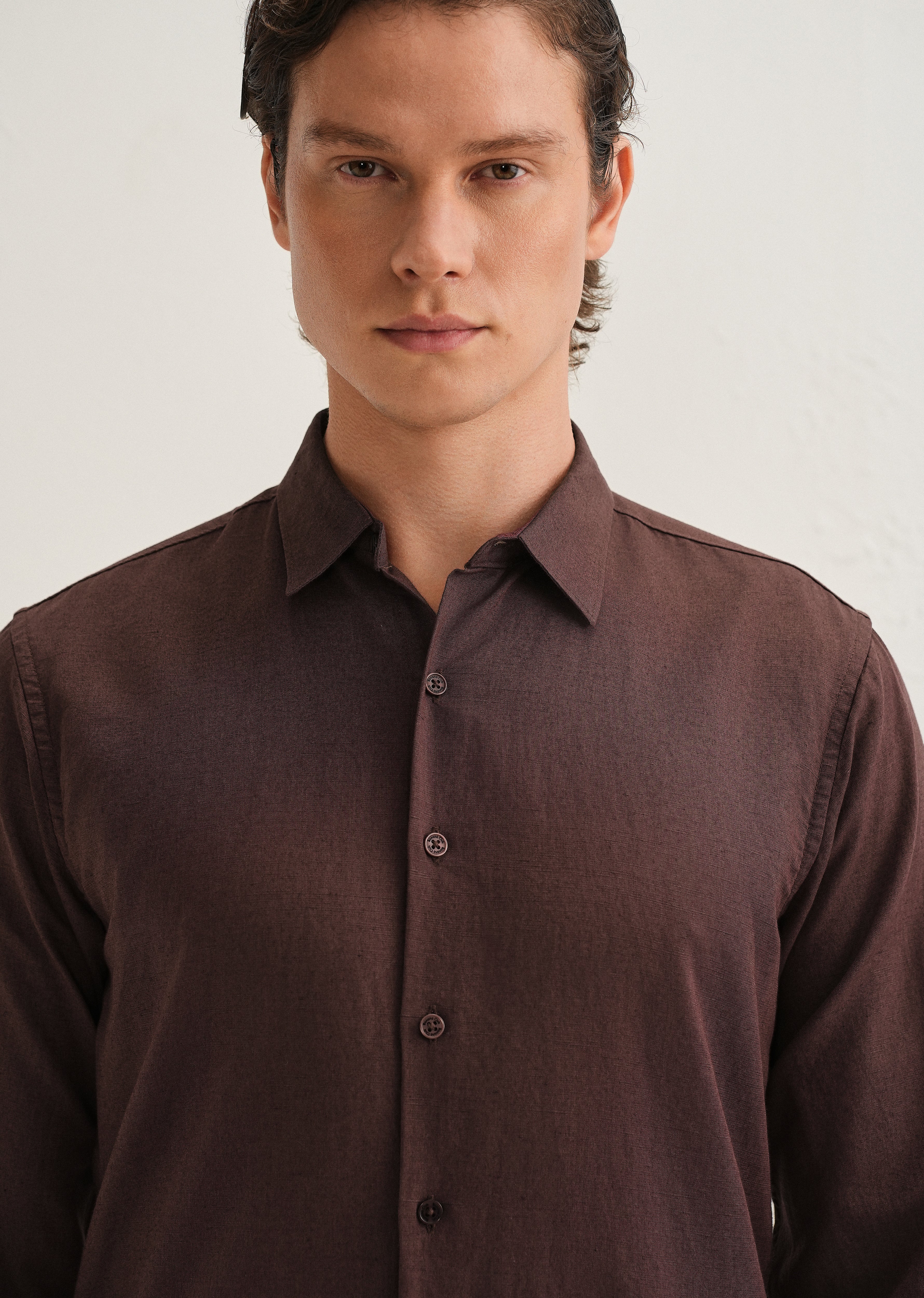 Coffee Brown Hidden Sleeve Placket Cotton Linen Shirt - Image 6