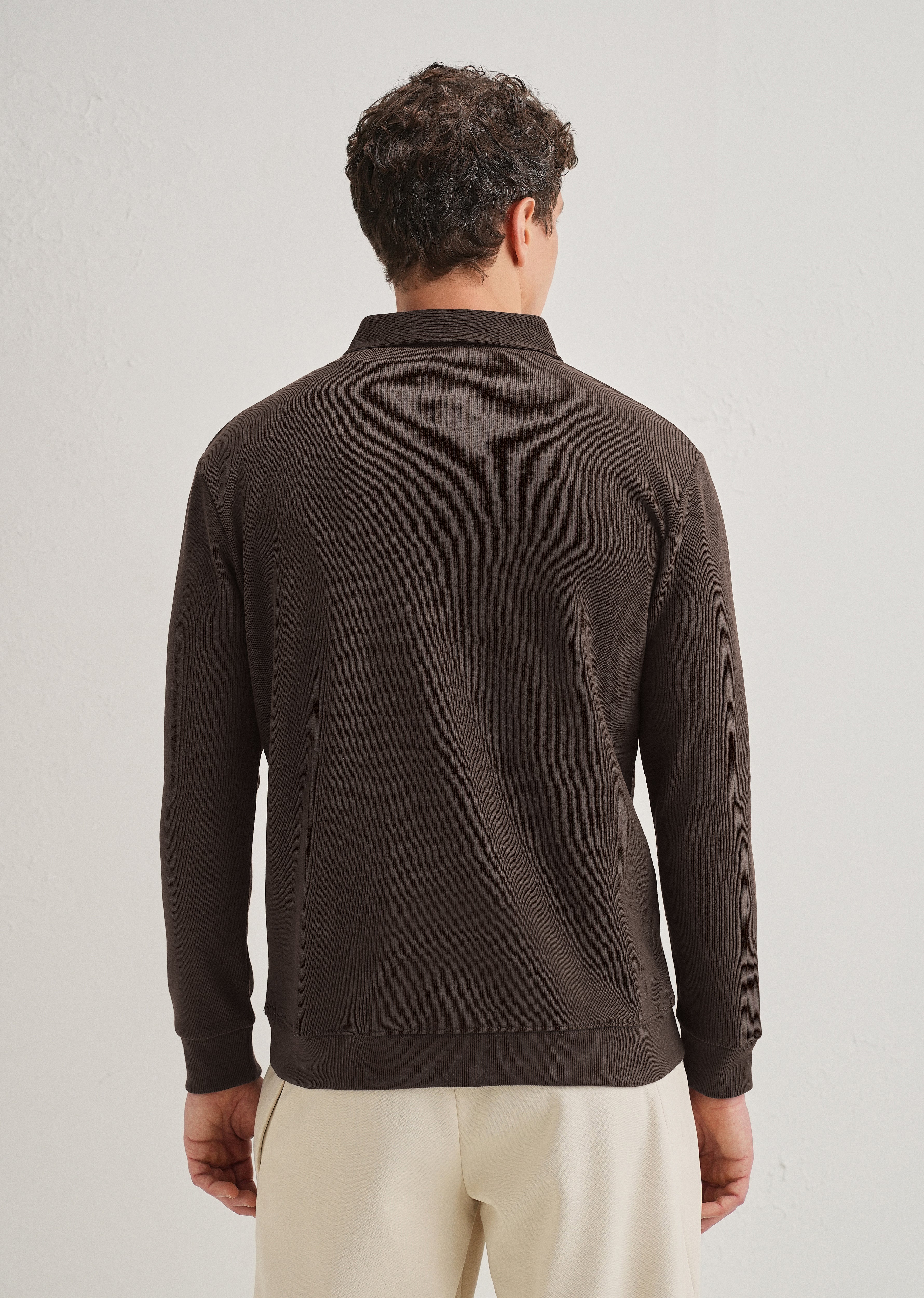 Coffee Brown Knitted Polo Sweatshirt - Image 3