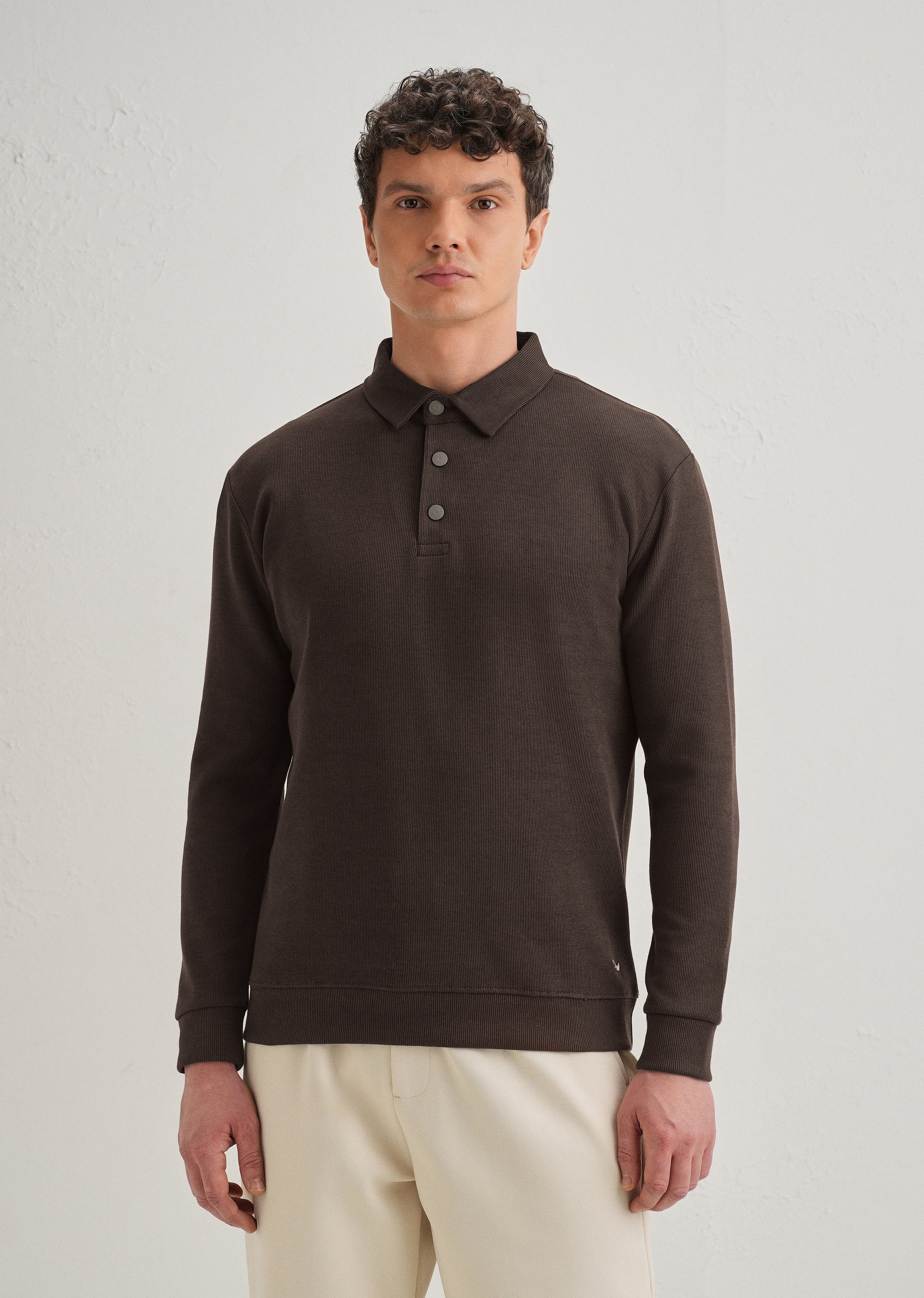 Coffee Brown Knitted Polo Sweatshirt - Image 4