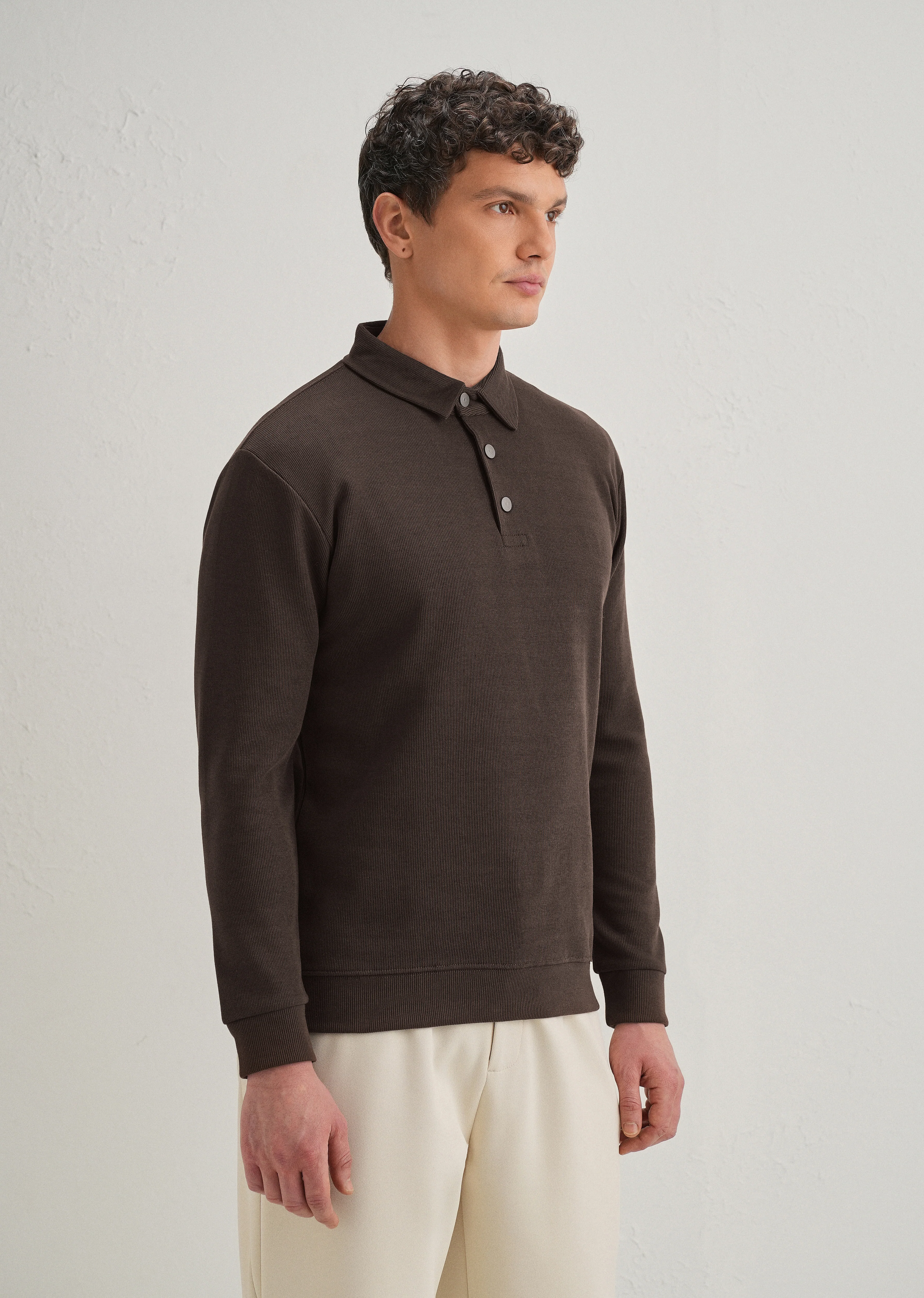 Coffee Brown Knitted Polo Sweatshirt - Image 5