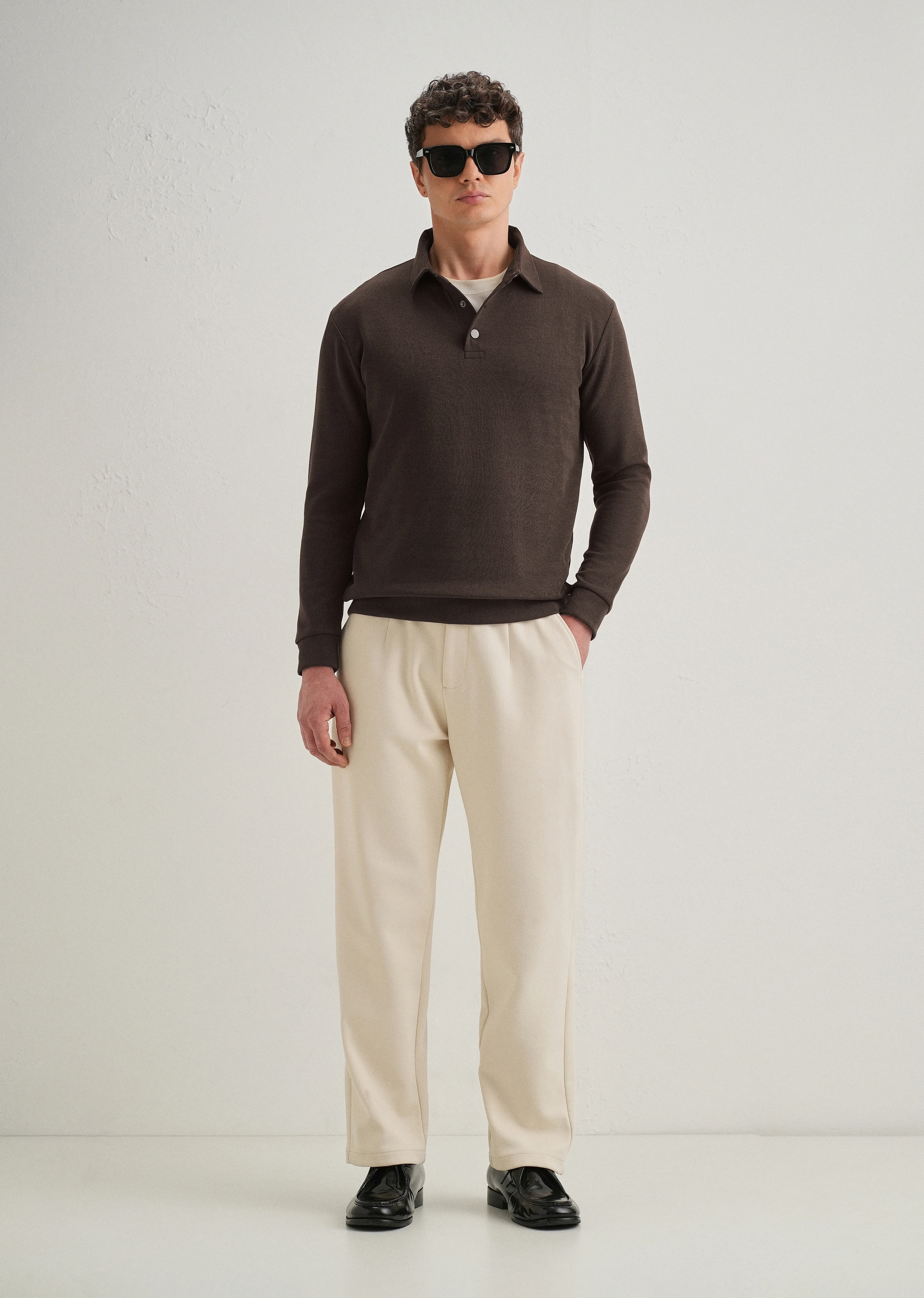 Coffee Brown Knitted Polo Sweatshirt - Image 6