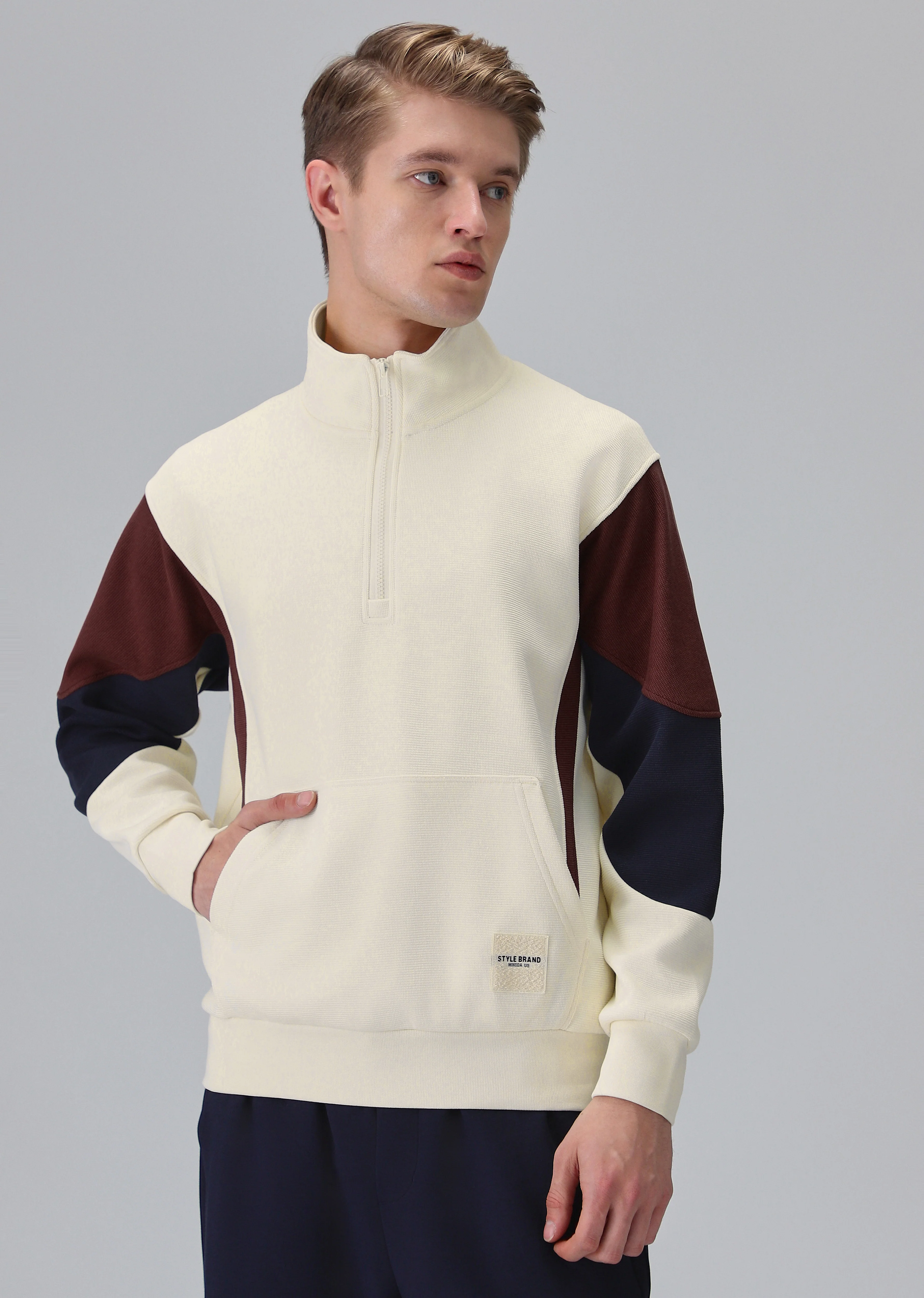 Colour Block Zip Cream Sweatshirt - Image 3