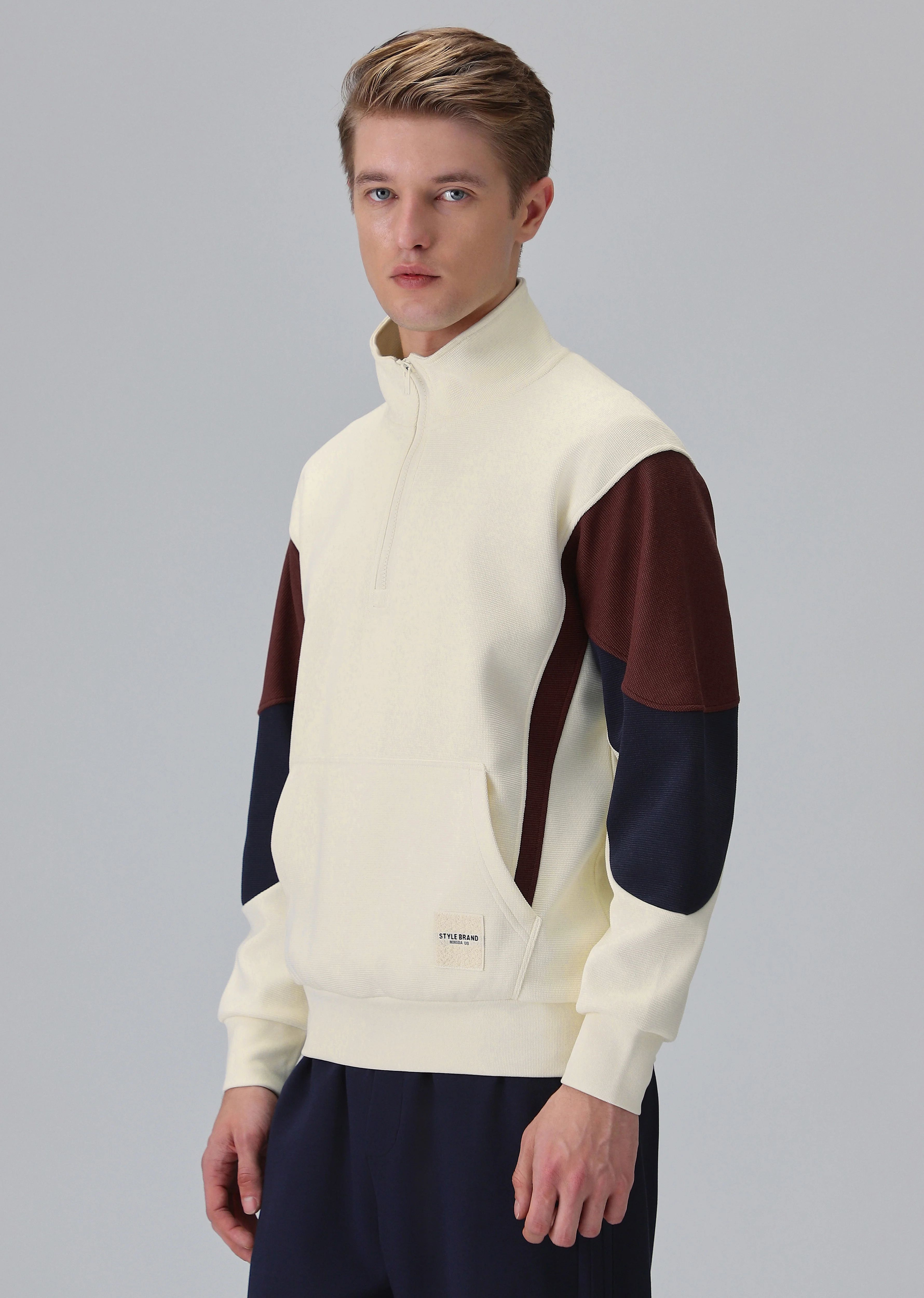 Colour Block Zip Cream Sweatshirt - Image 4