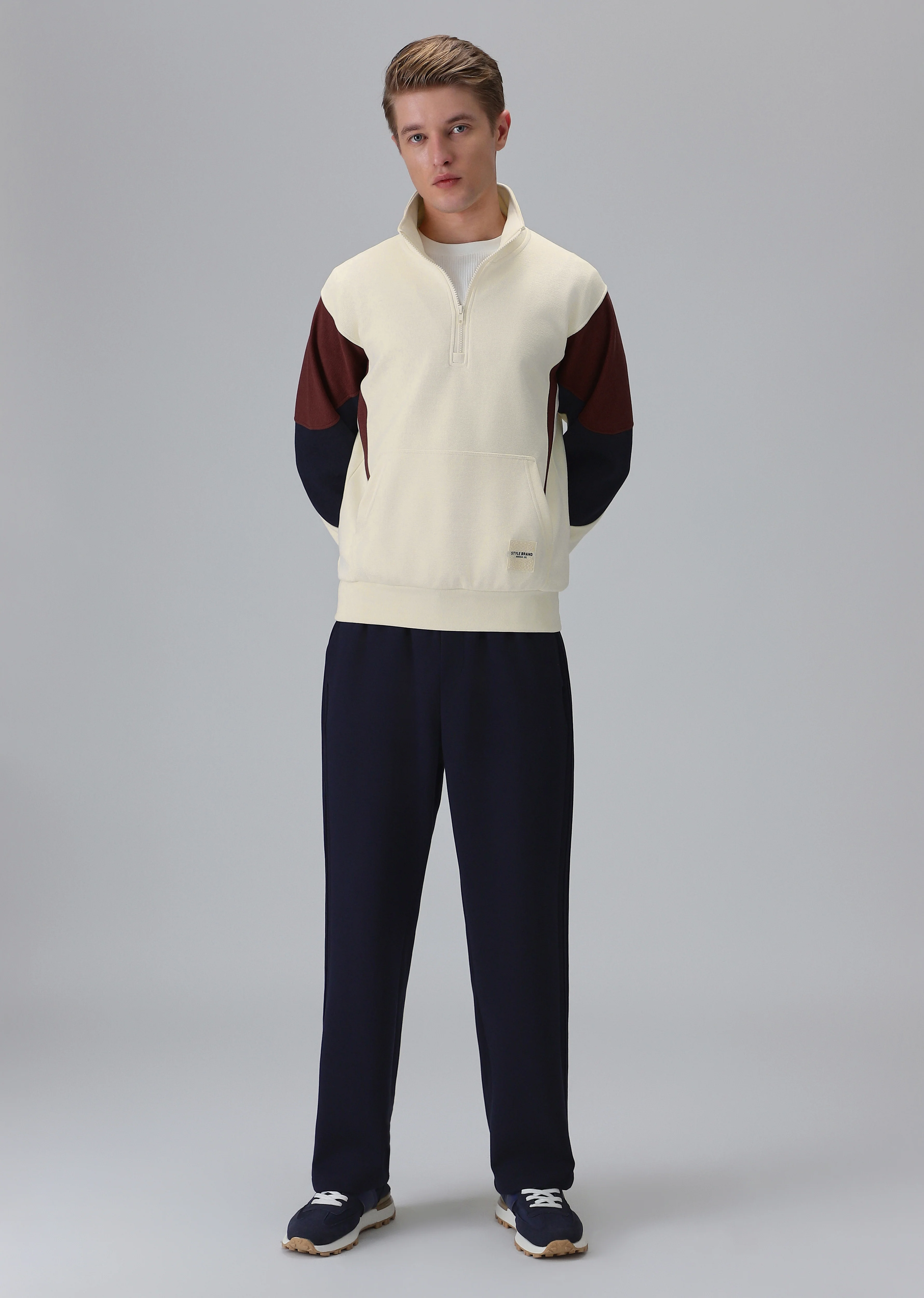 Colour Block Zip Cream Sweatshirt - Image 6