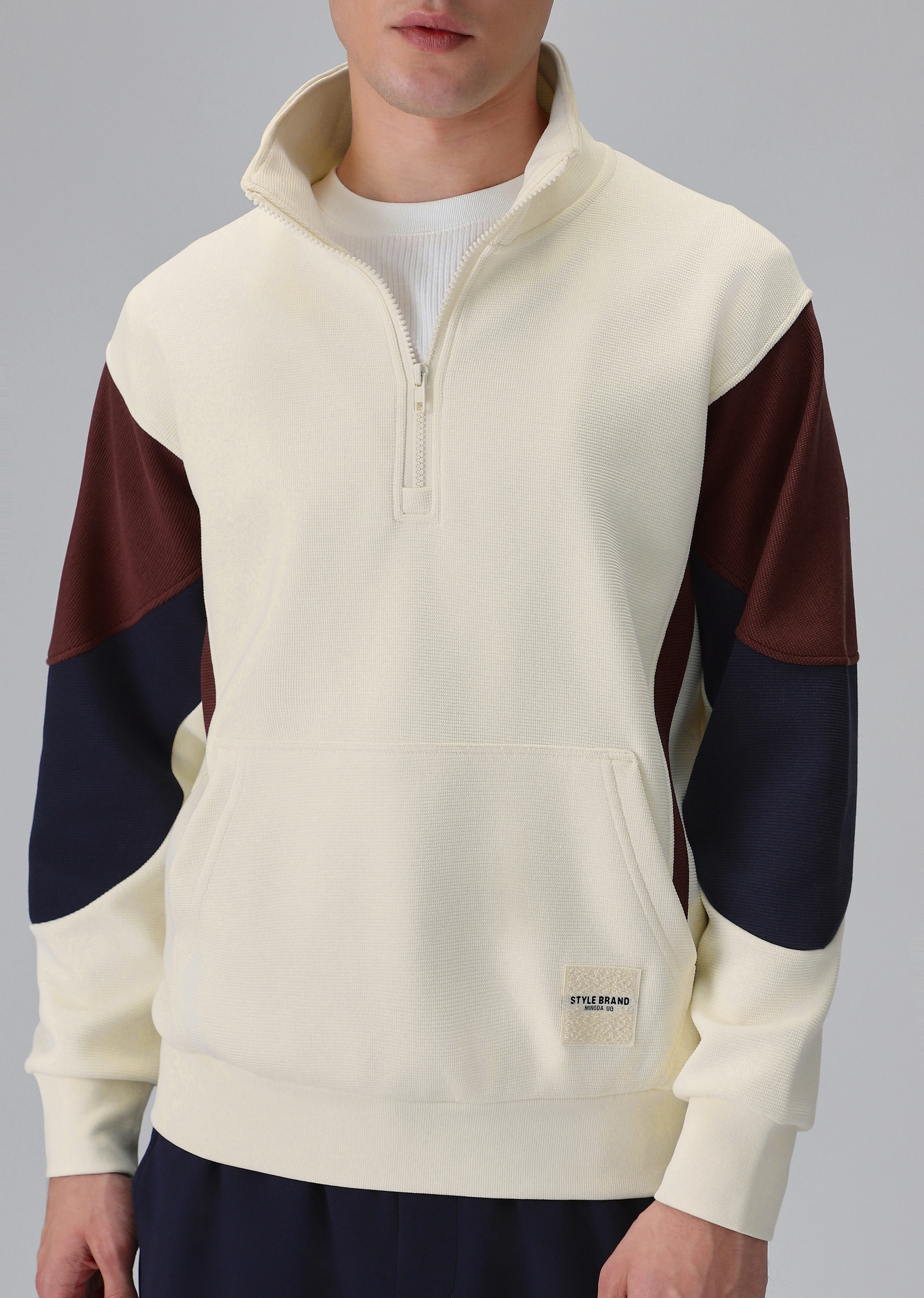 Colour Block Zip Cream Sweatshirt - Image 7