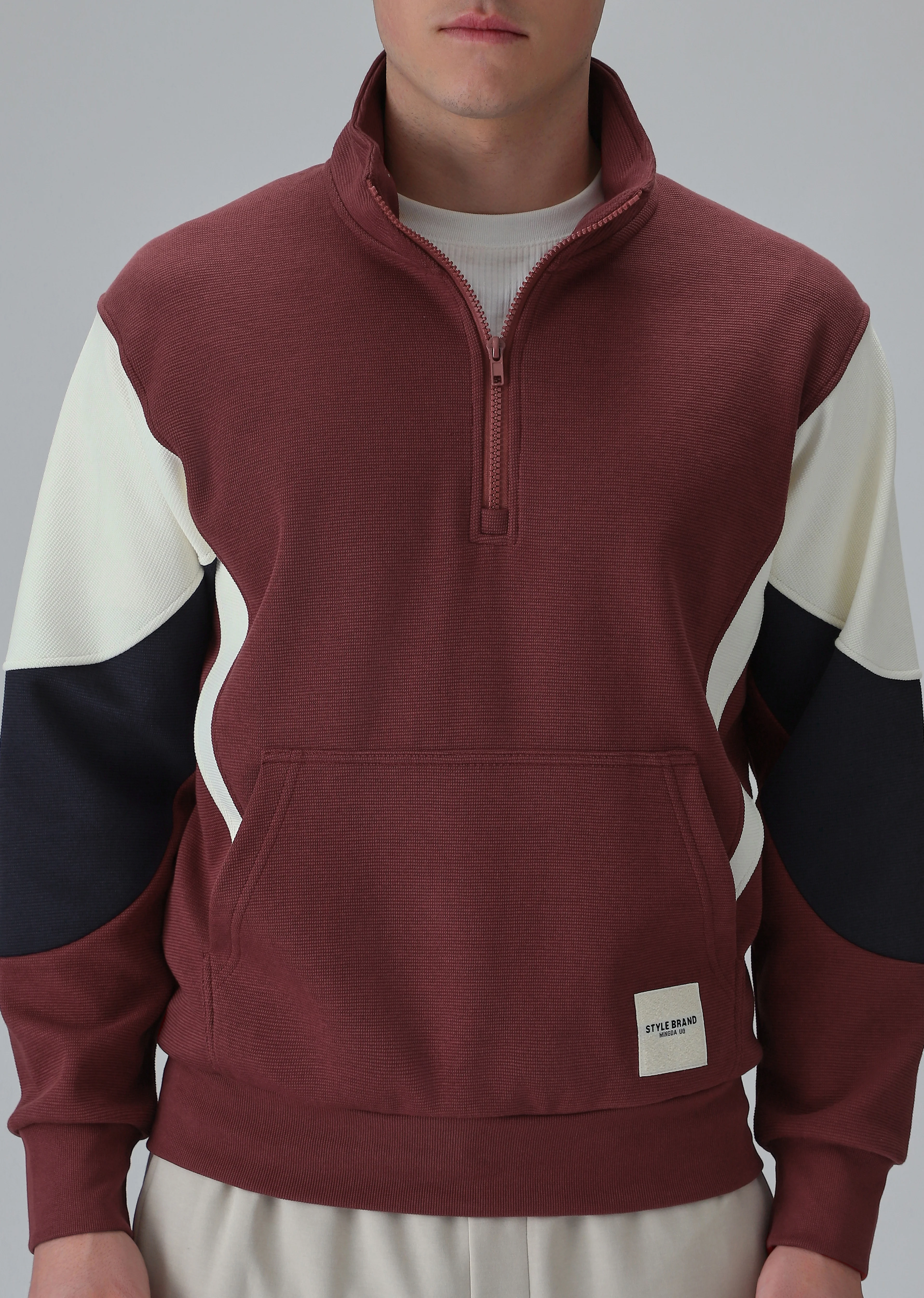 Colour Block Zip Maroon Sweatshirt - Image 8