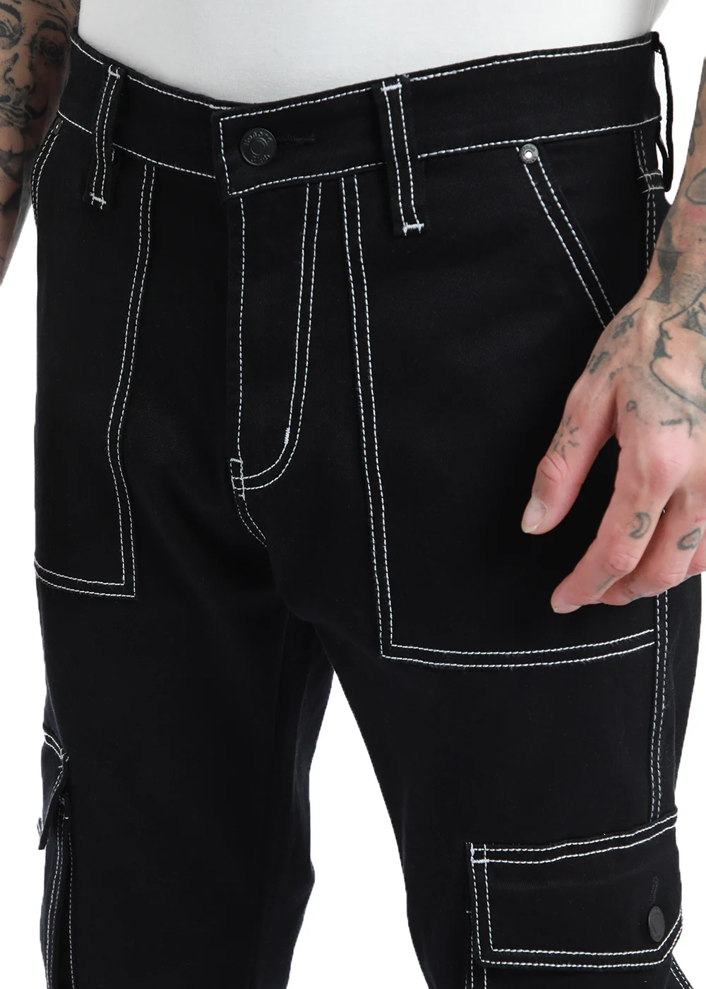 Contrast Stitched Black Denim Cargo - Image 2