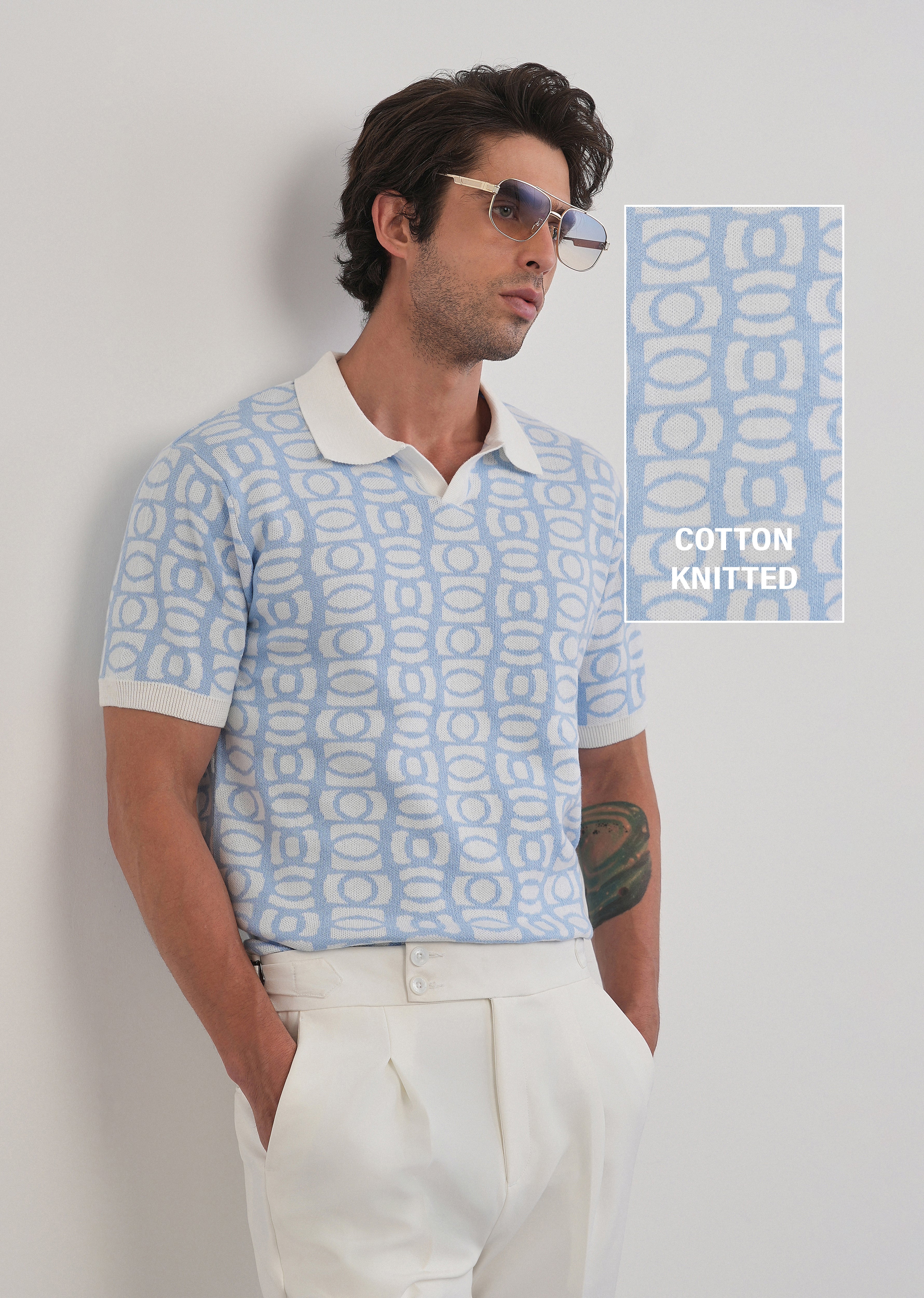 Cotton Sky Blue Knitted Polo - Image 9