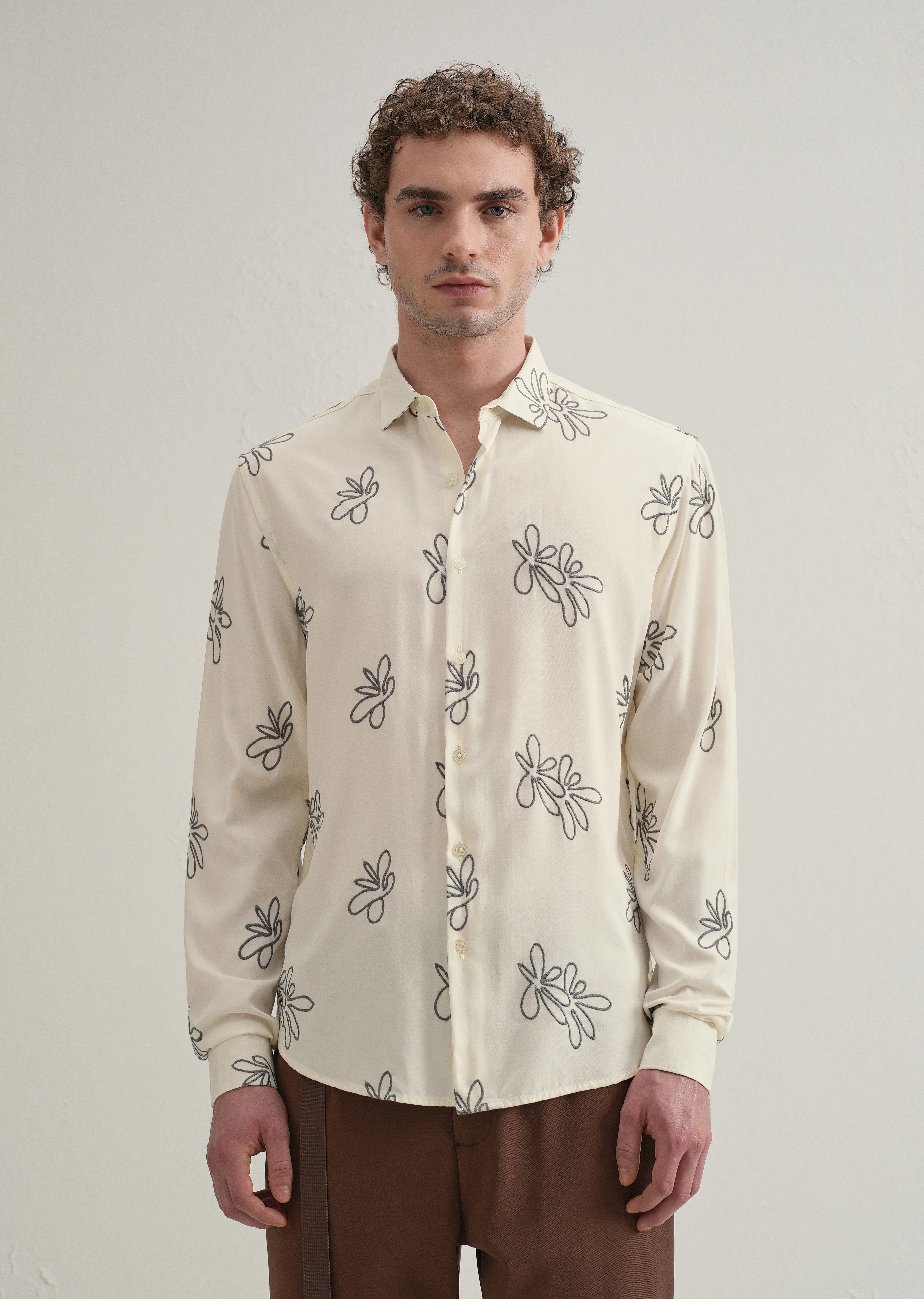 Cream Abstract Floral Embroidery Shirt - Image 4