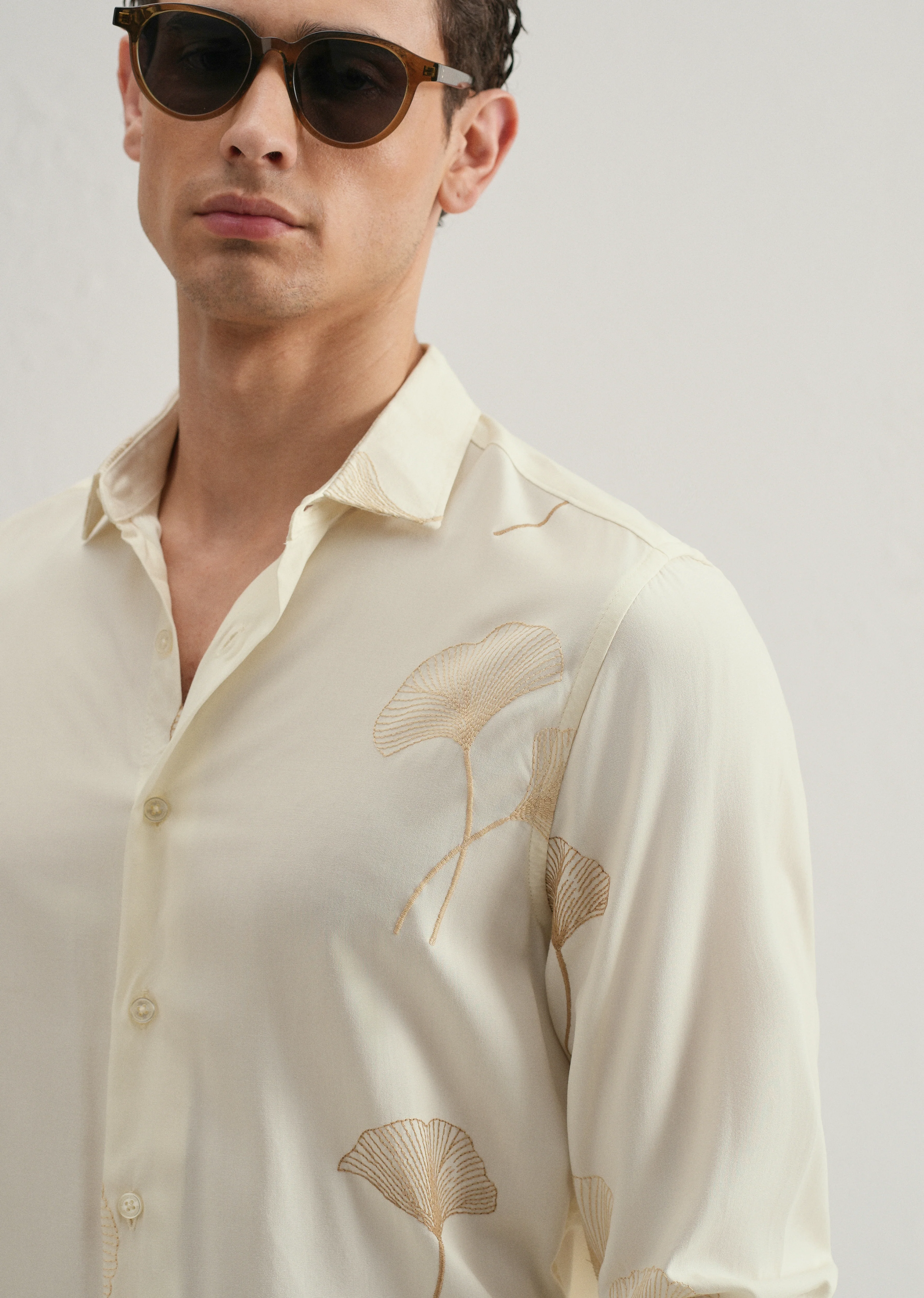 Cream Abstract Leaf Embroidery Shirt - Image 2