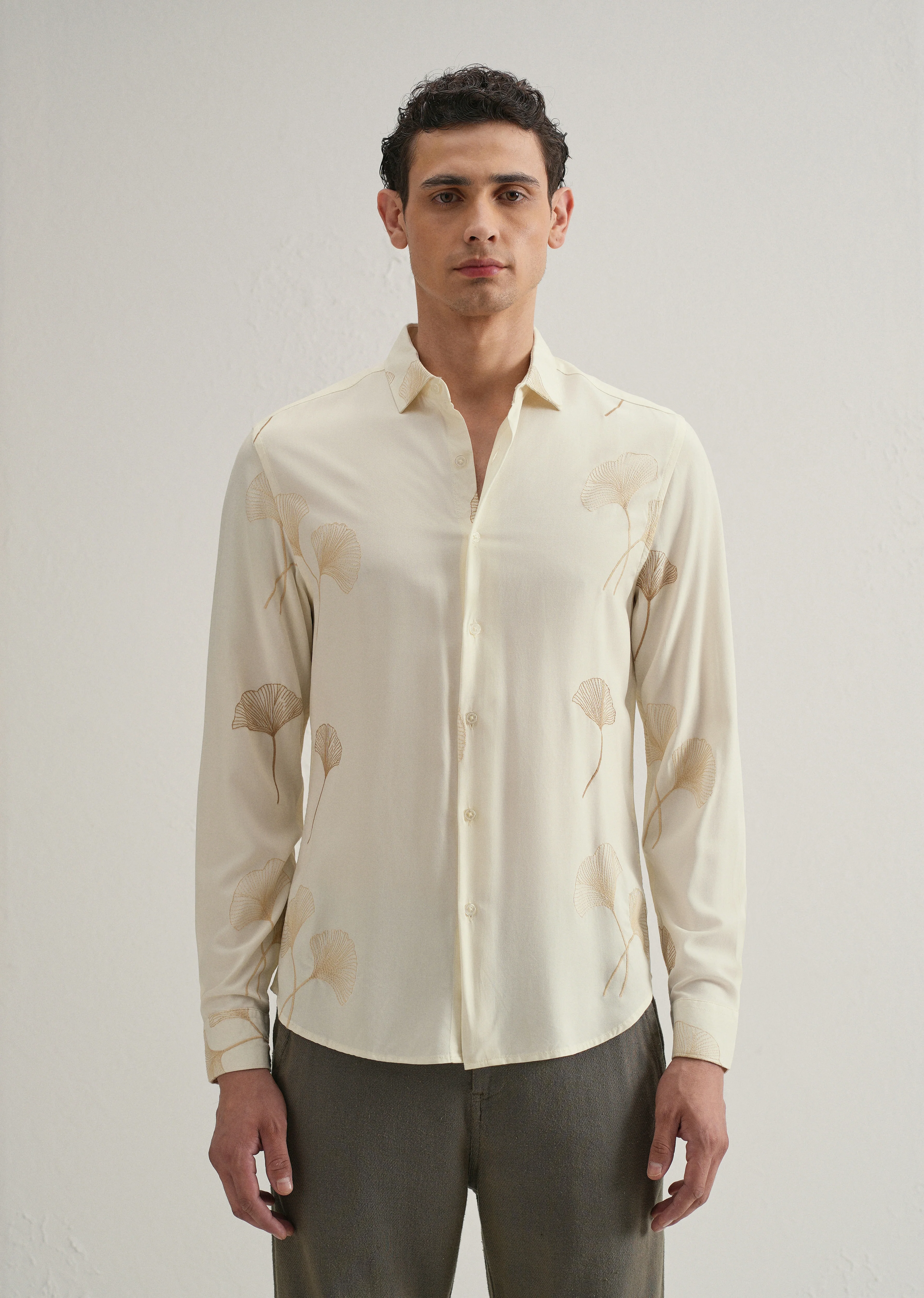Cream Abstract Leaf Embroidery Shirt - Image 4