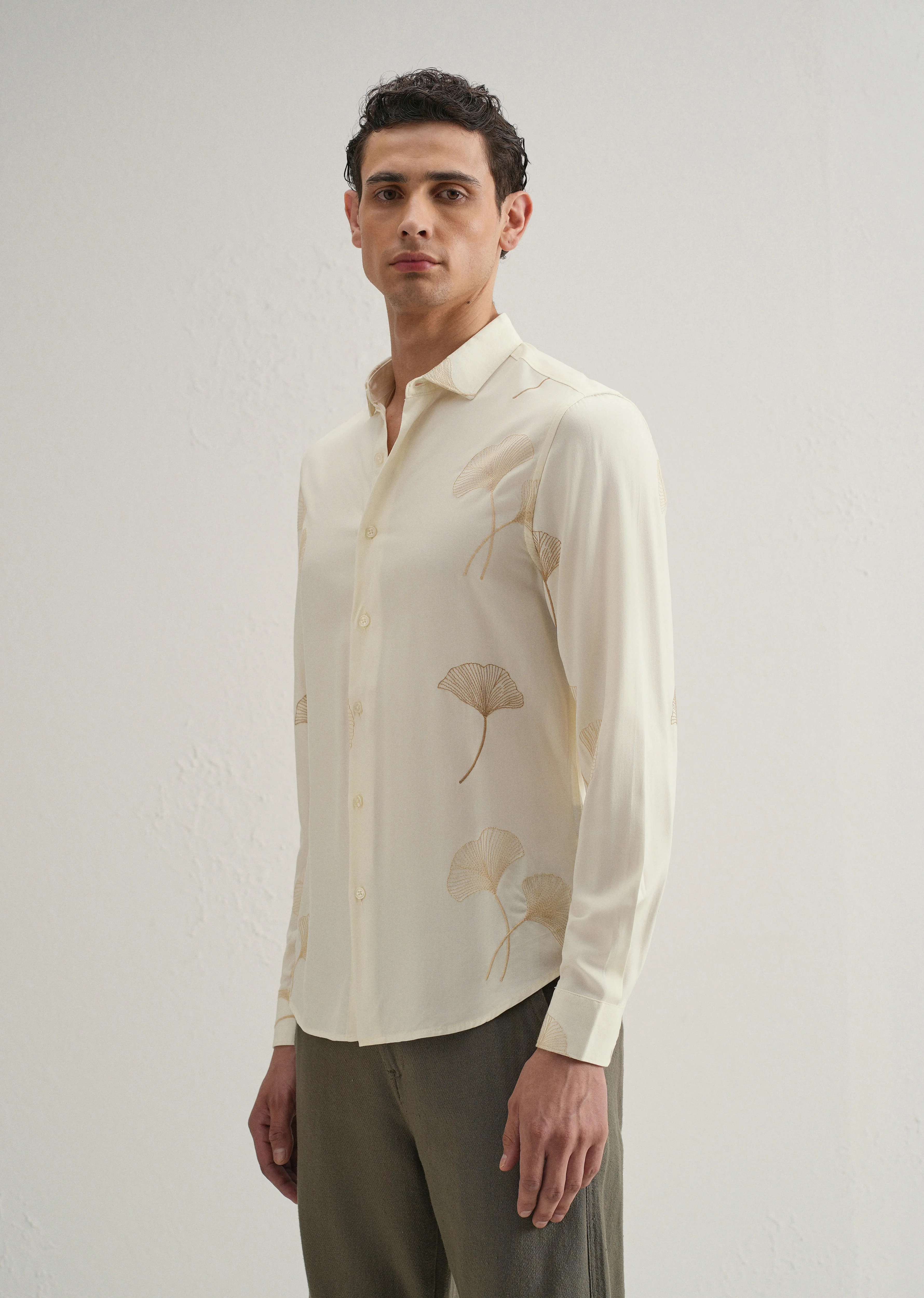 Cream Abstract Leaf Embroidery Shirt - Image 5