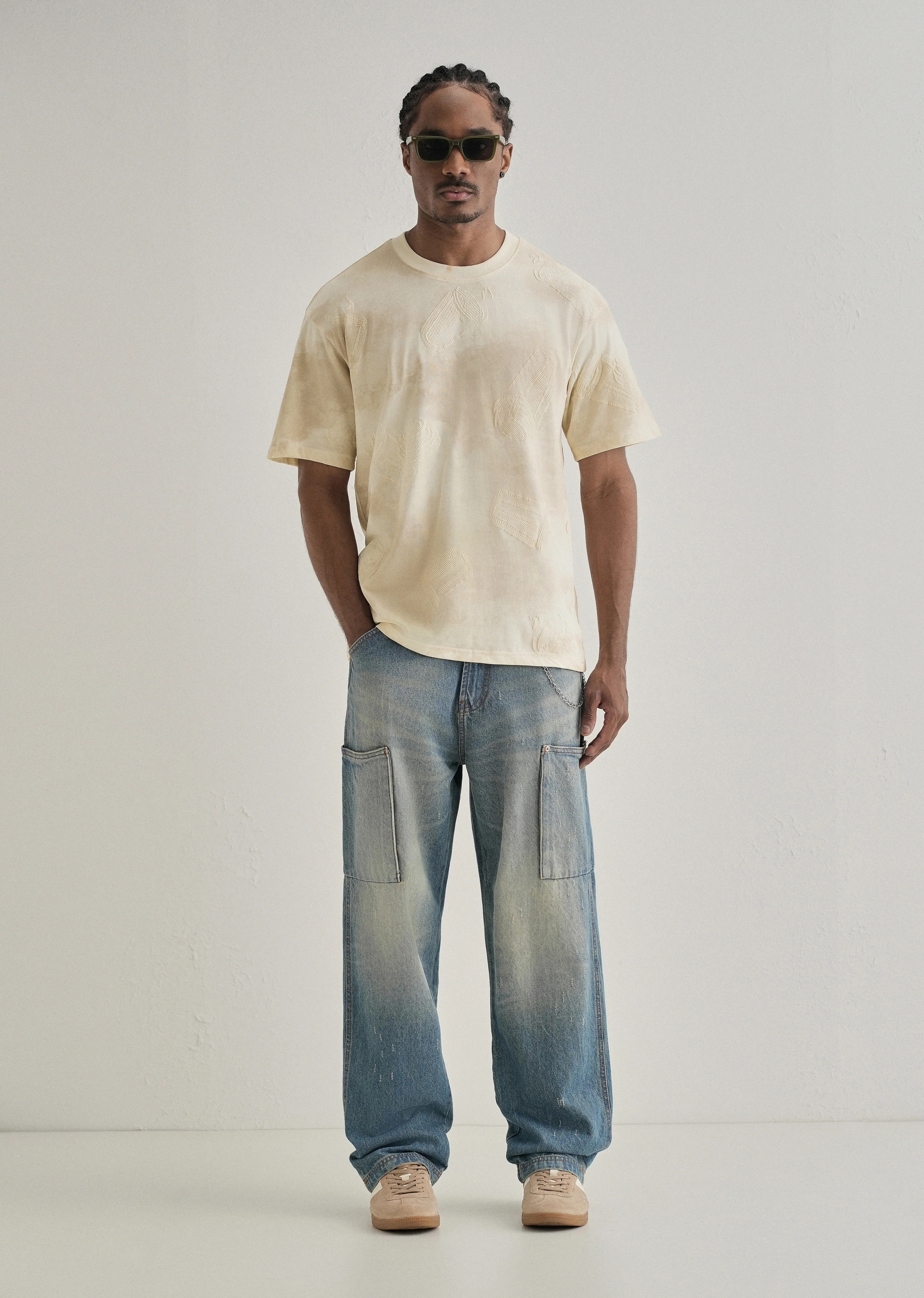 Cream Beige Printed Oversized T-shirt - Image 6