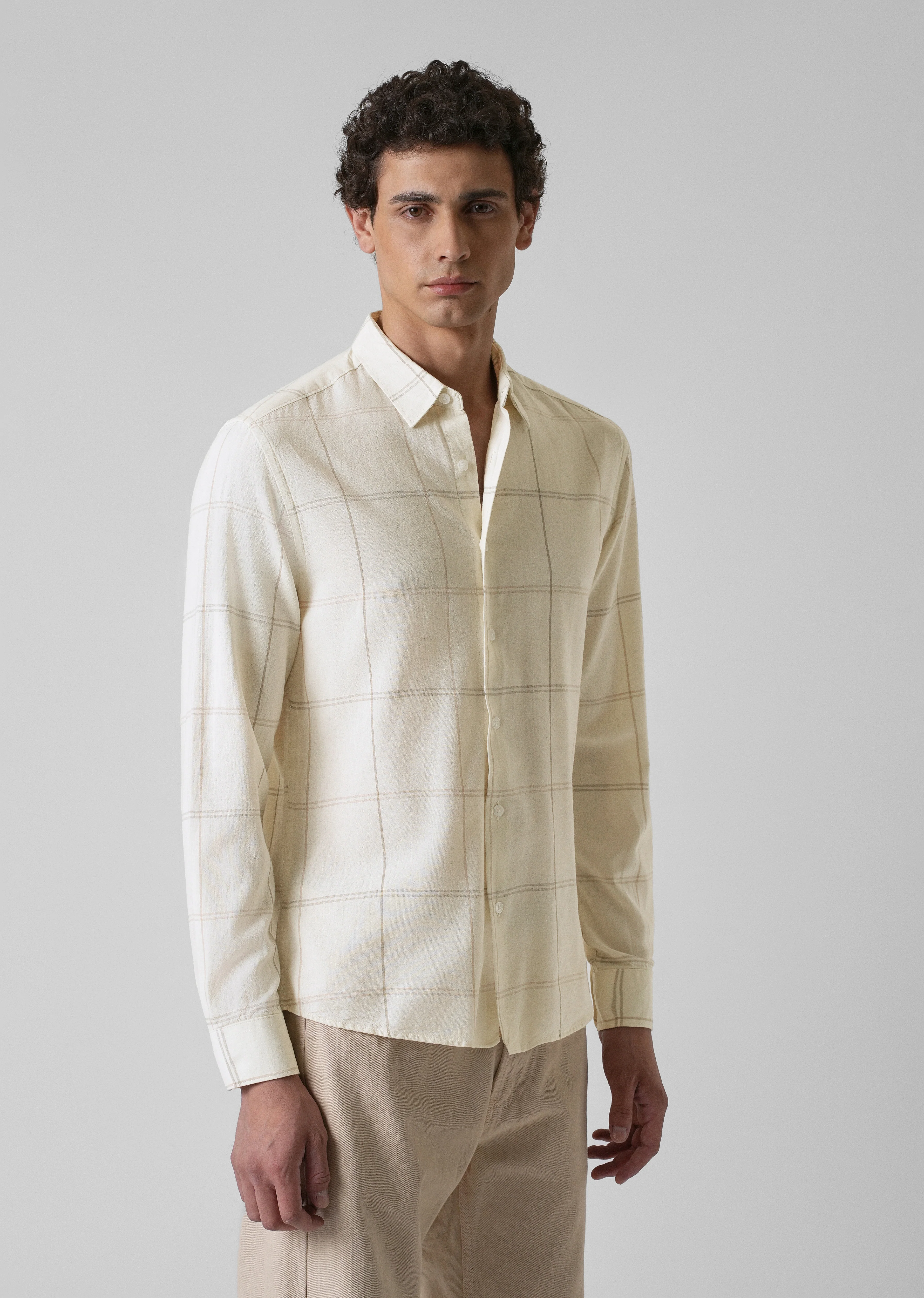Cream Blended Linen Check Shirt - Image 4