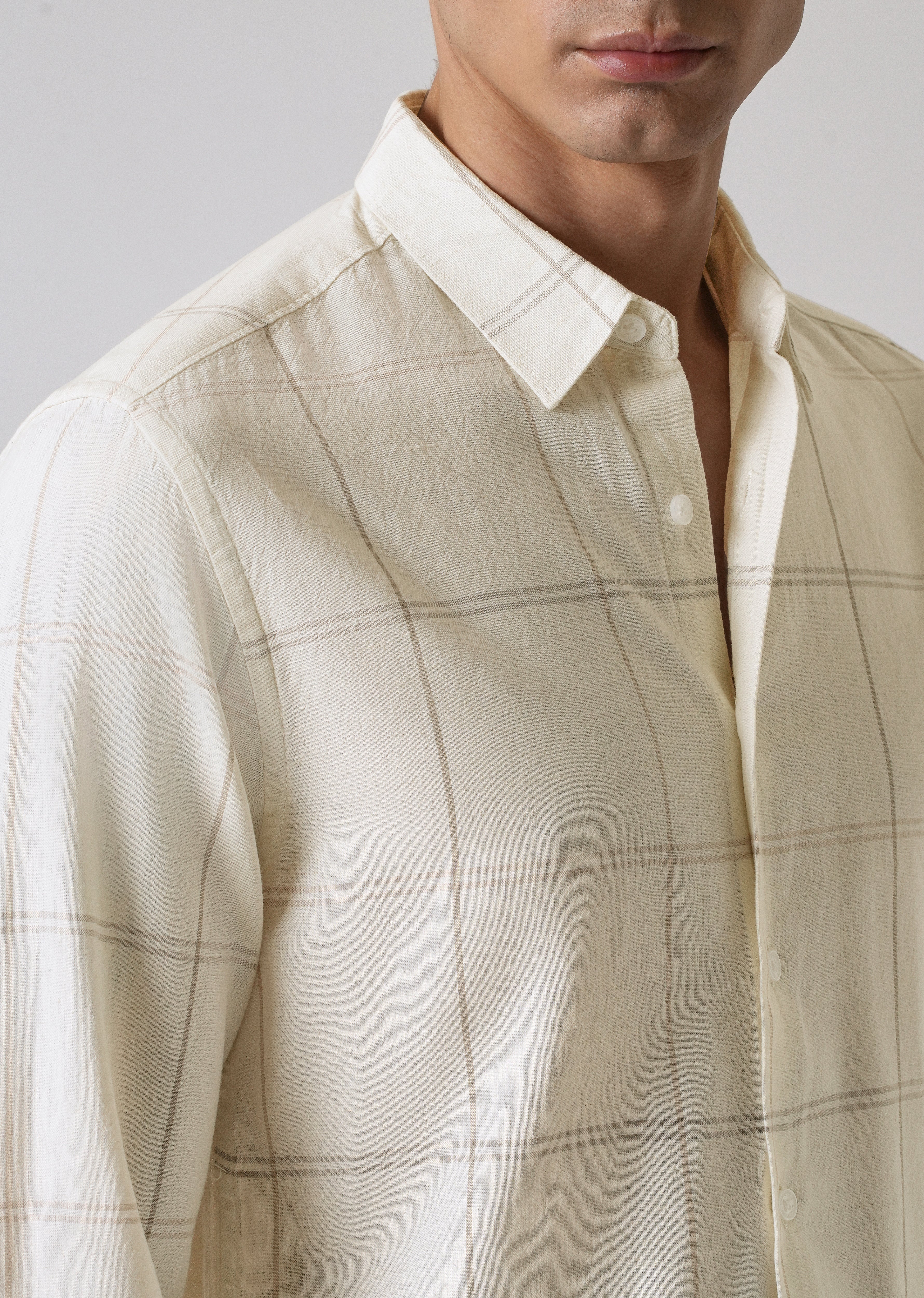 Cream Blended Linen Check Shirt - Image 5