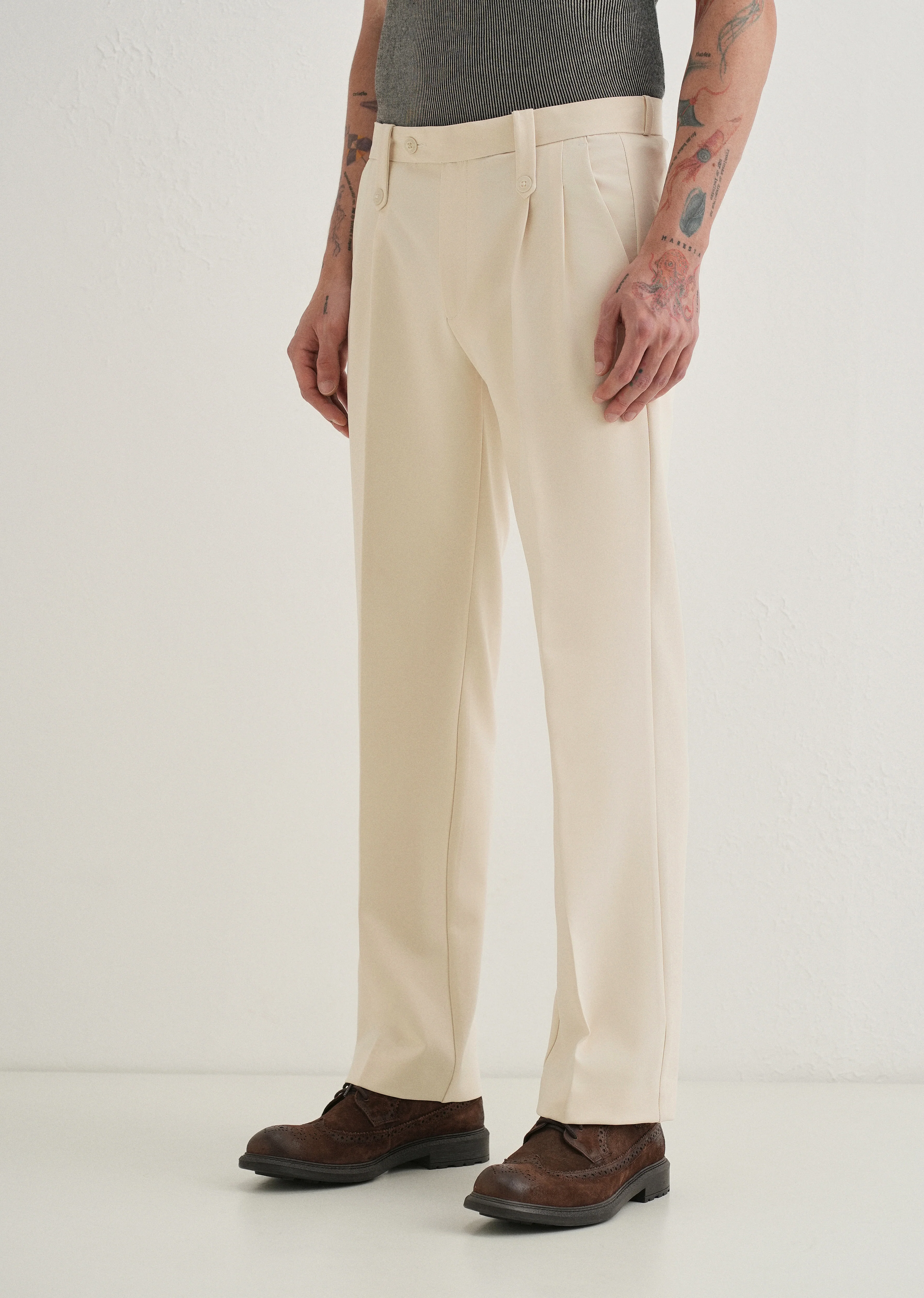 Cream Button-Tab Pleat Trouser - Image 4