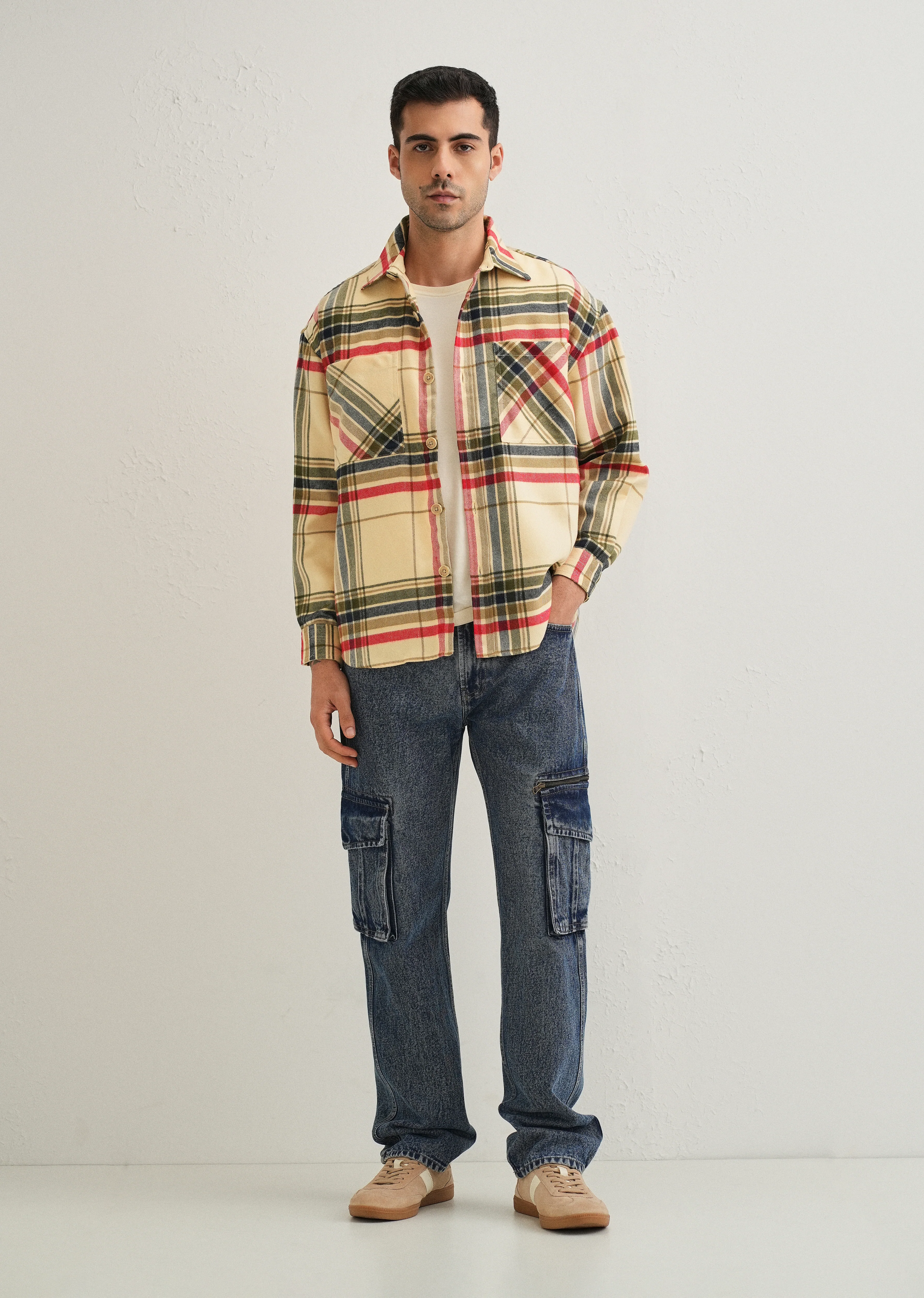 Cream Checked Relaxed Fit Shacket - Image 7