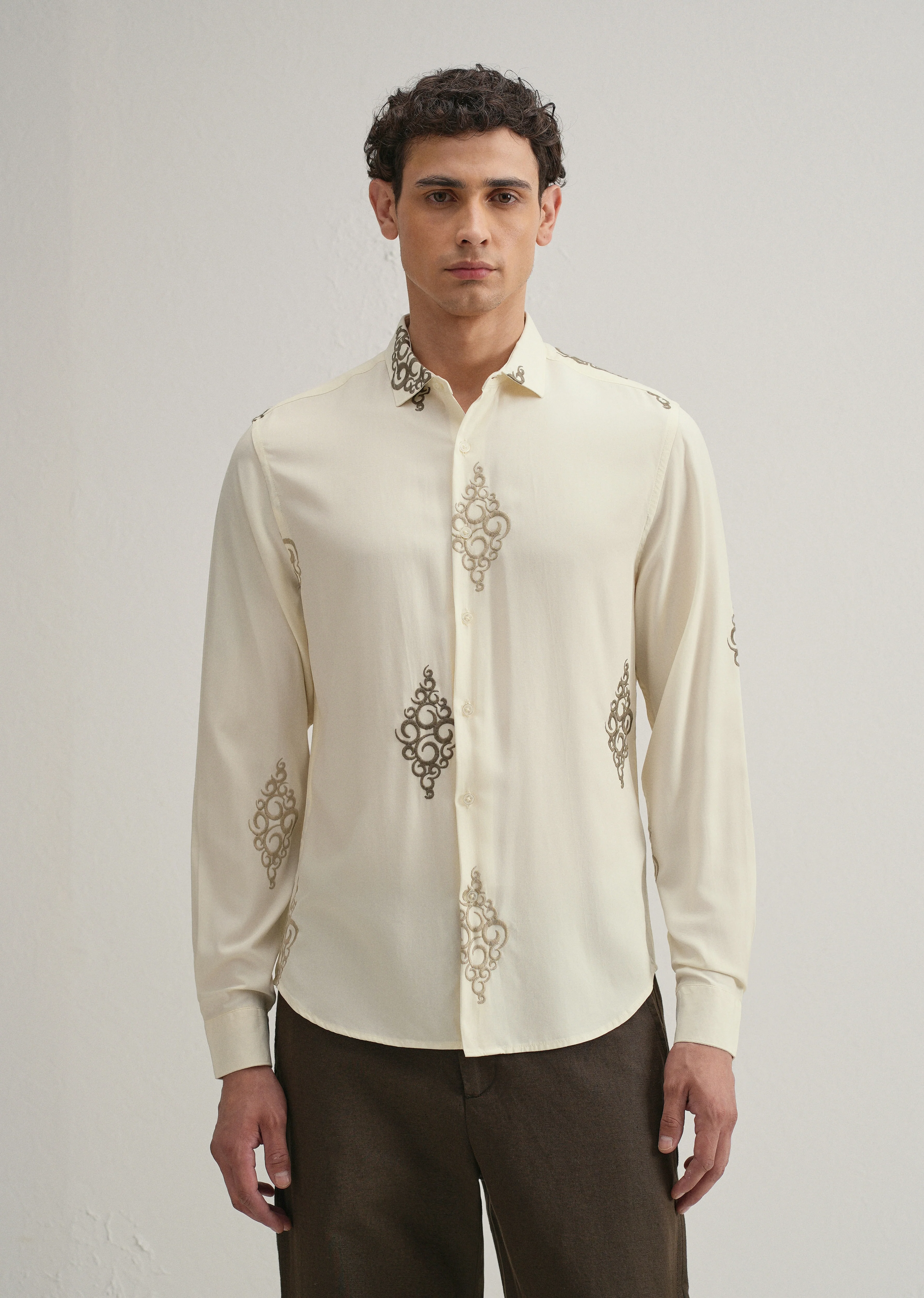 Cream Circular Motif Embroidery Shirt - Image 4
