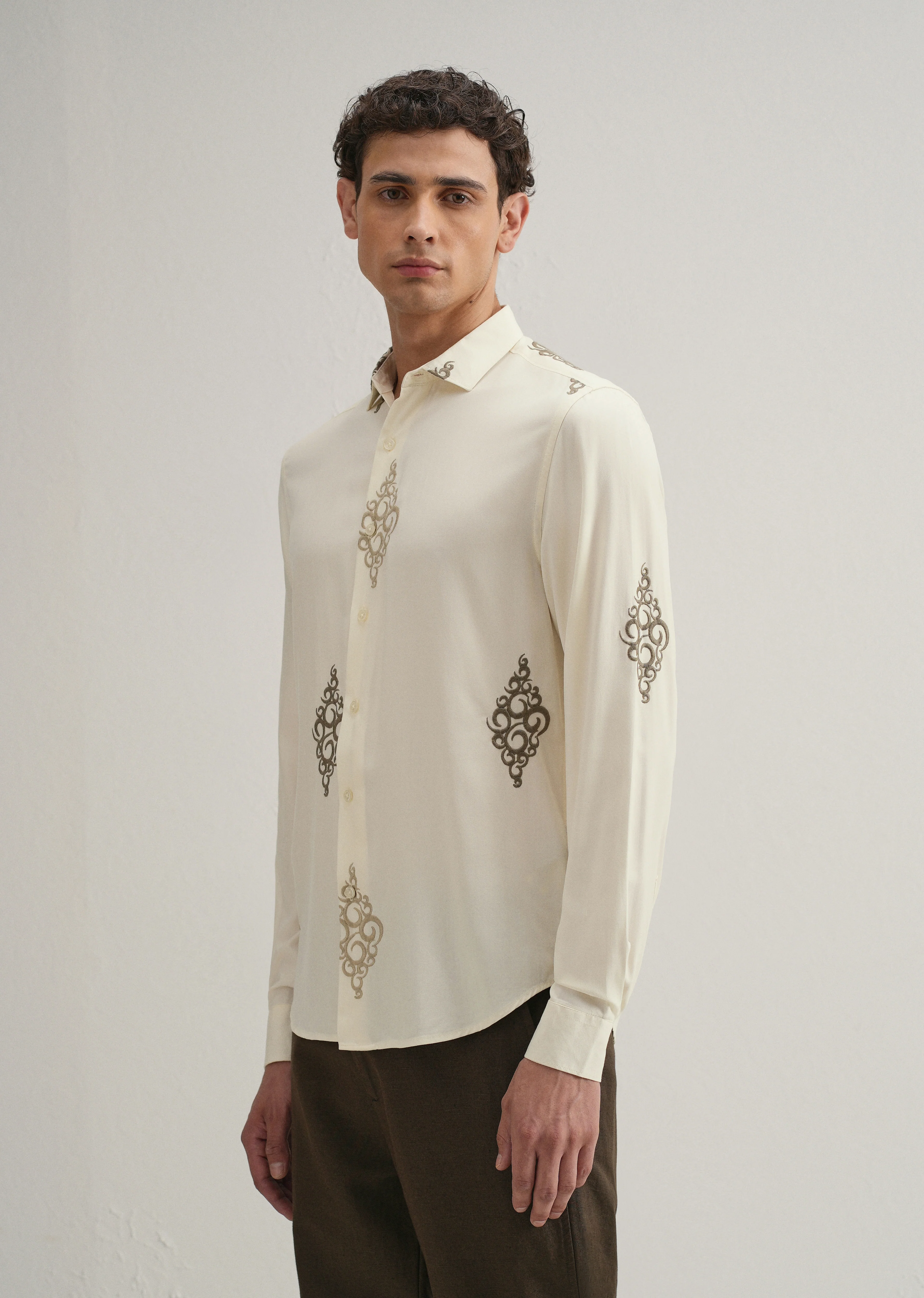Cream Circular Motif Embroidery Shirt - Image 5