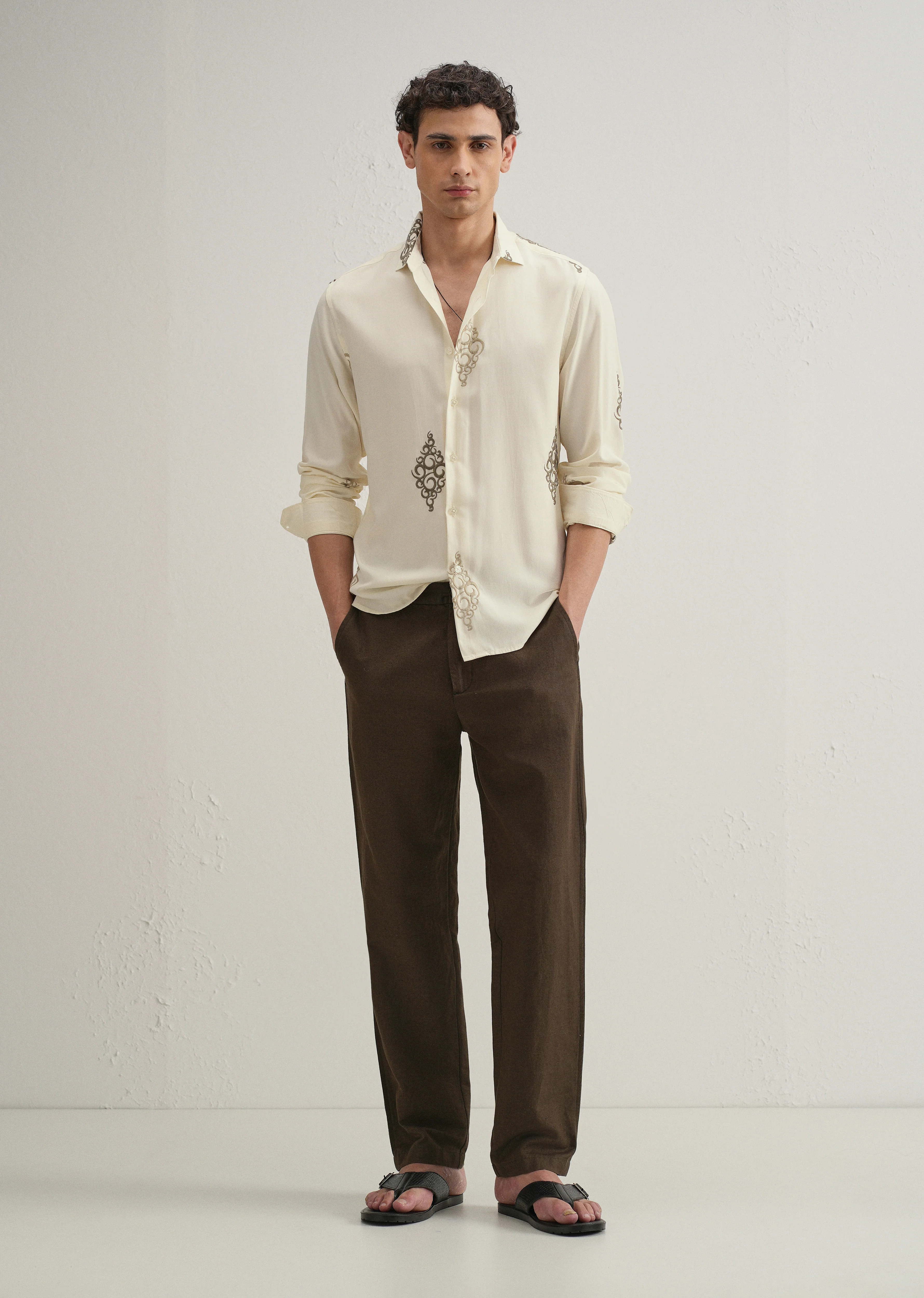Cream Circular Motif Embroidery Shirt - Image 6