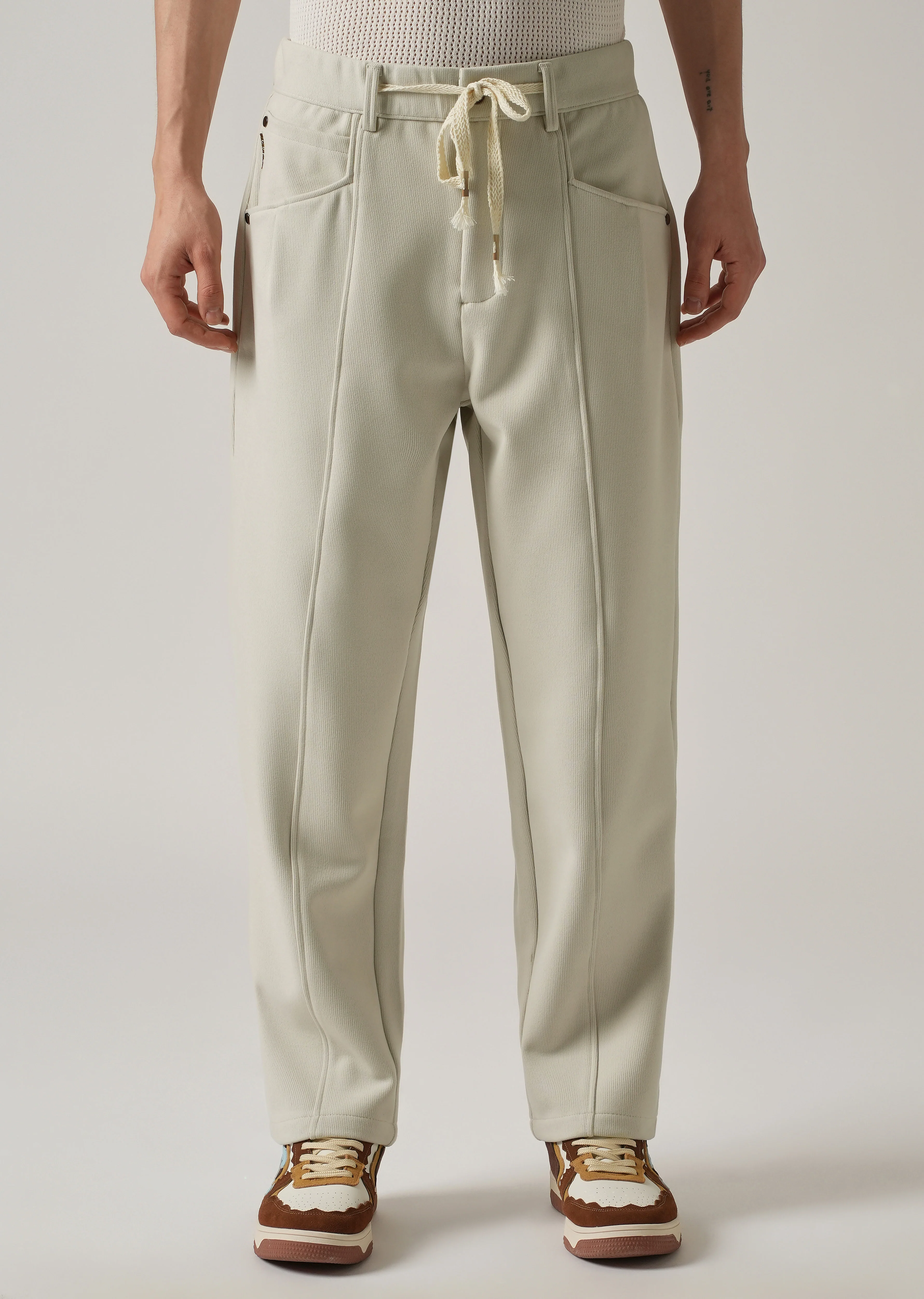 Cream Corduroy Relaxed Fit Drawstring Pant - Image 3