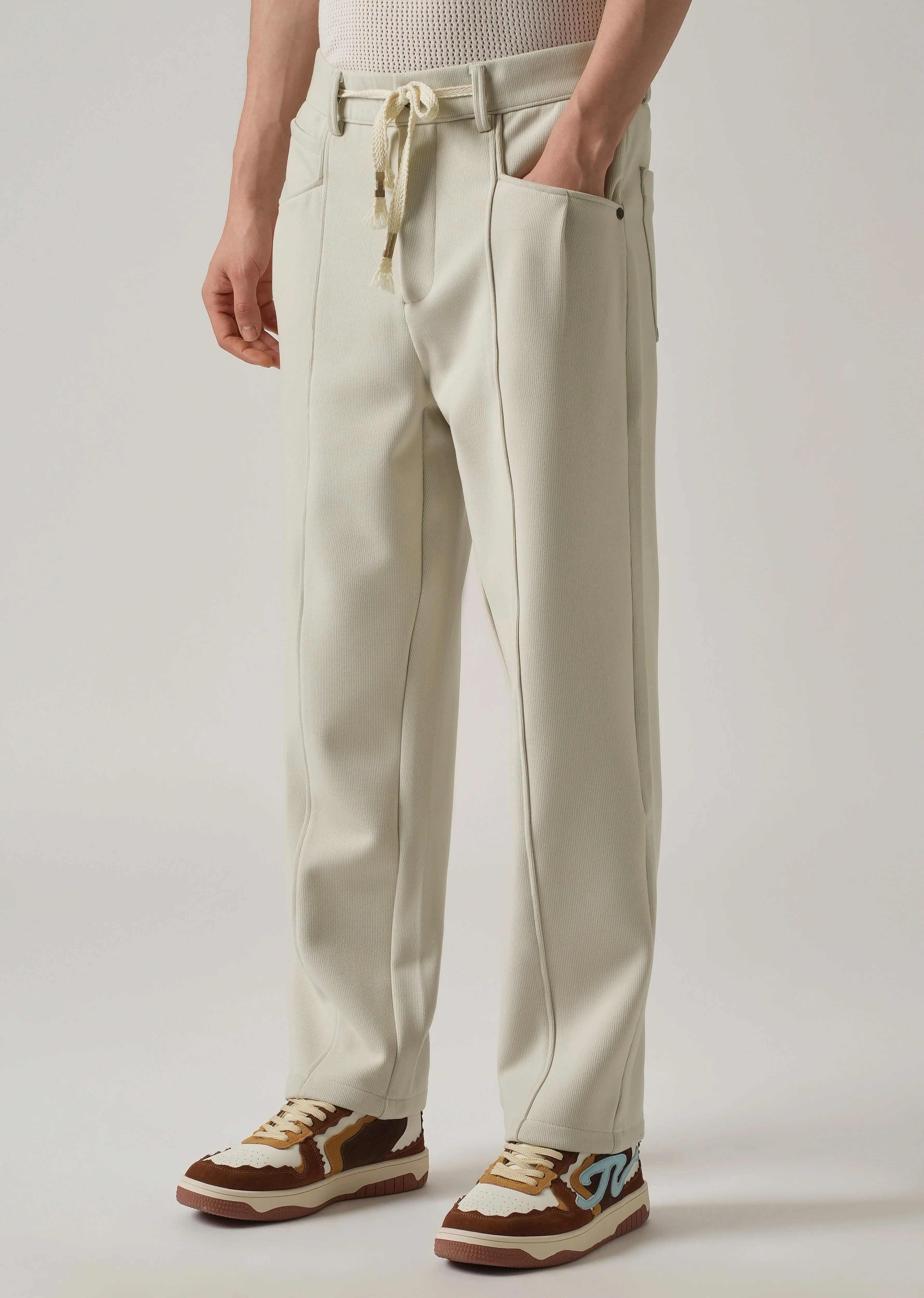 Cream Corduroy Relaxed Fit Drawstring Pant - Image 4