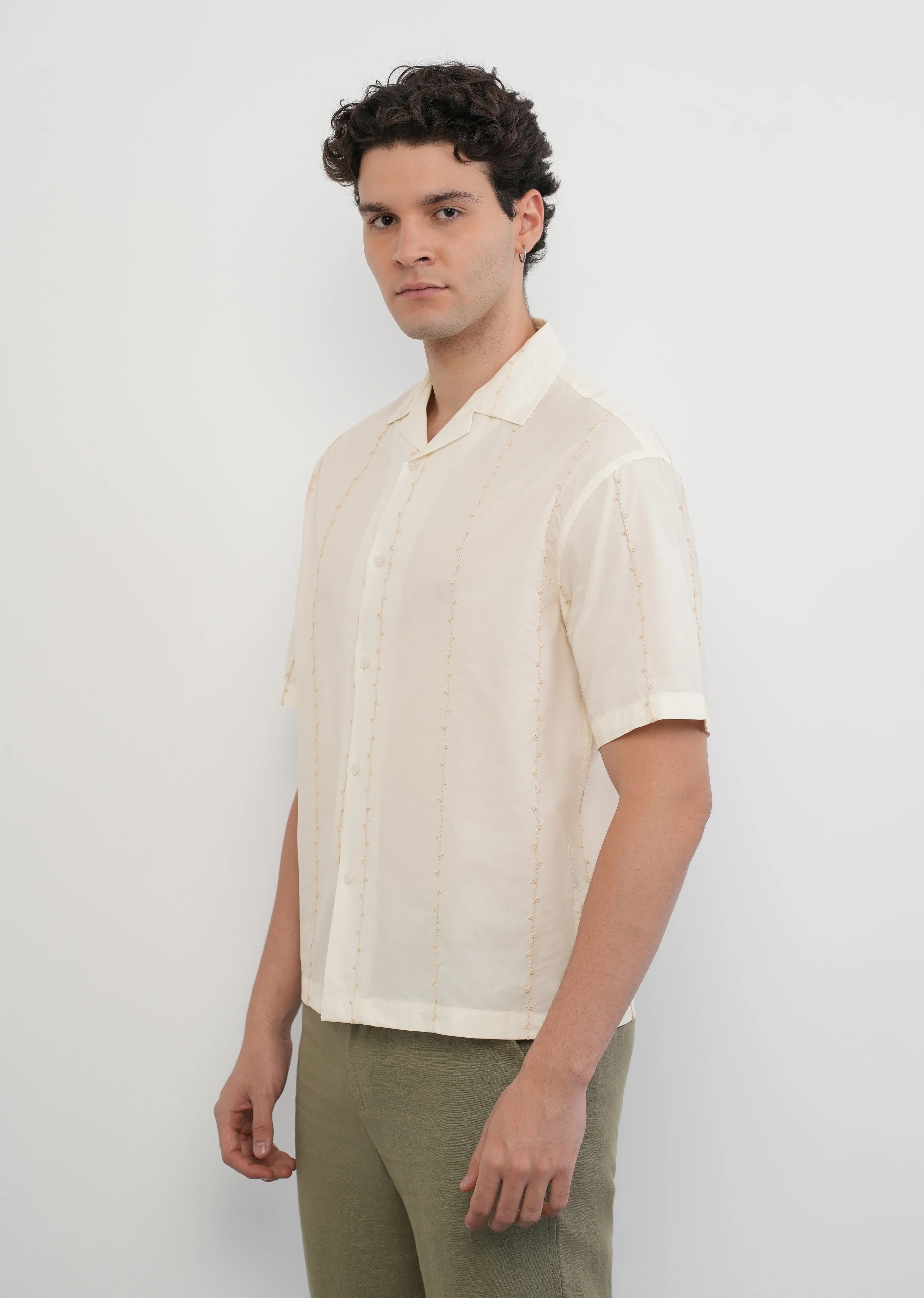 Cream Cotton Embroidery Shirt - Image 4