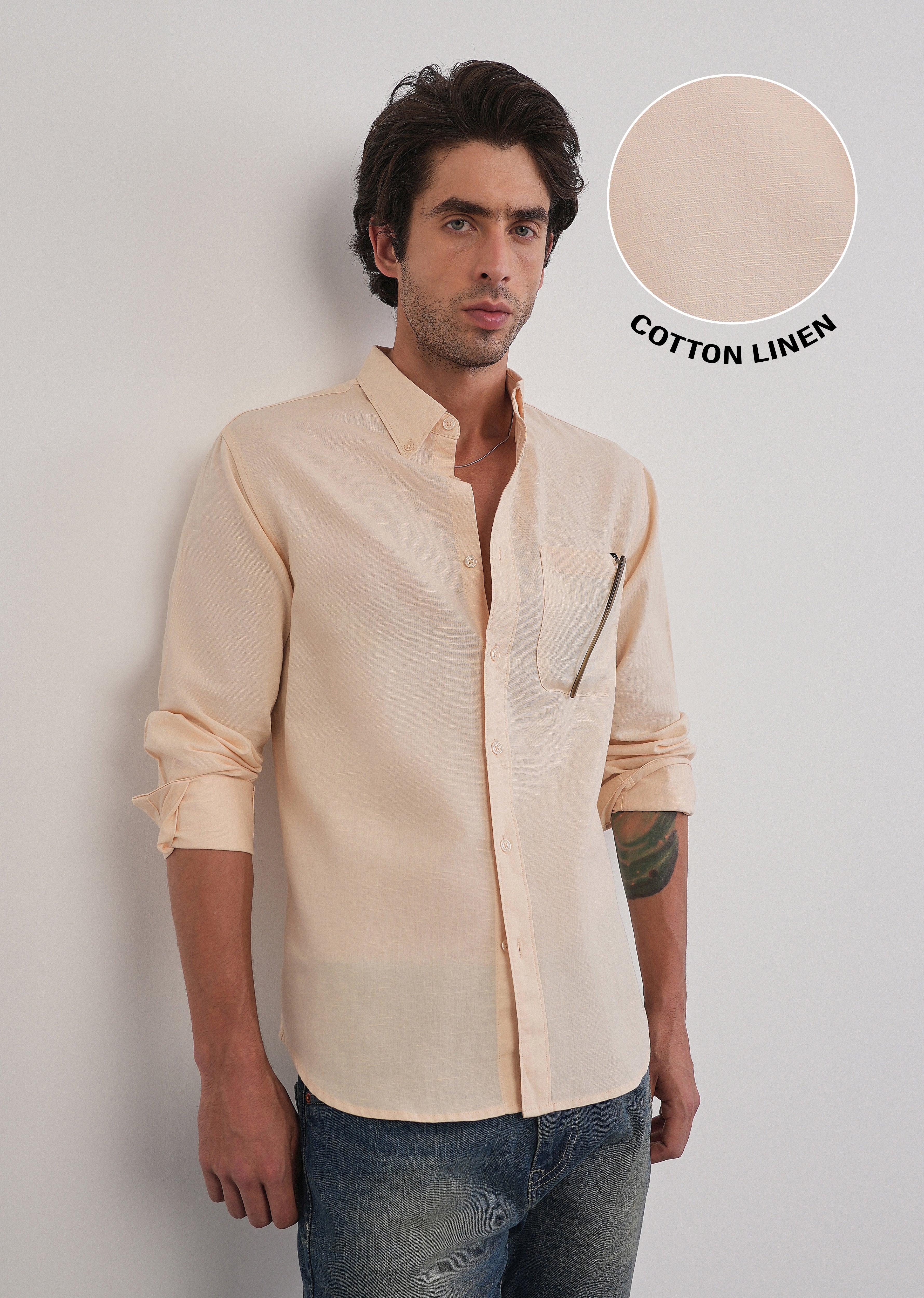 Cream Cotton Linen Plain Shirt - Image 7