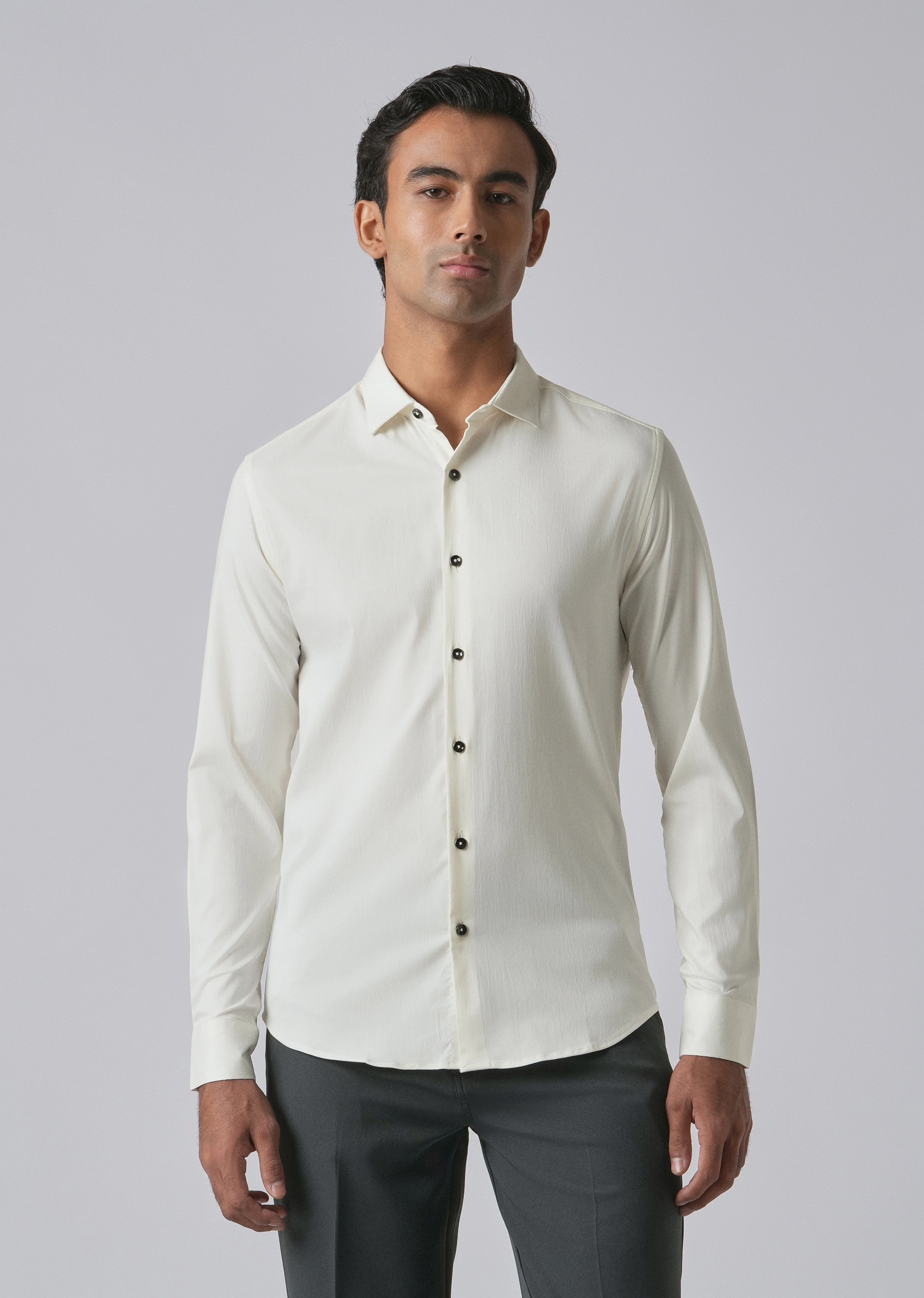 Cream Cotton Stretch Plain Shirt - Image 3