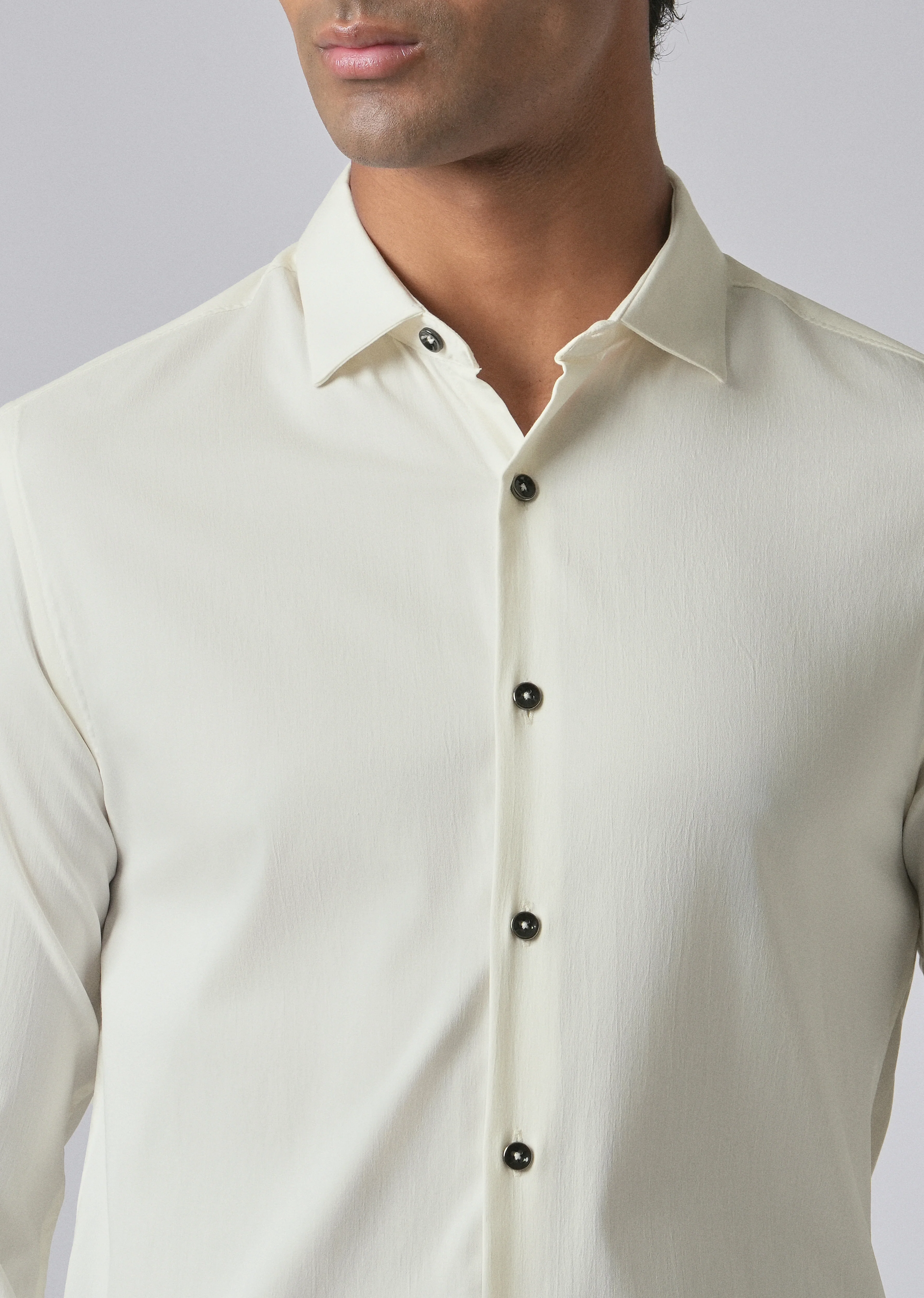 Cream Cotton Stretch Plain Shirt - Image 5