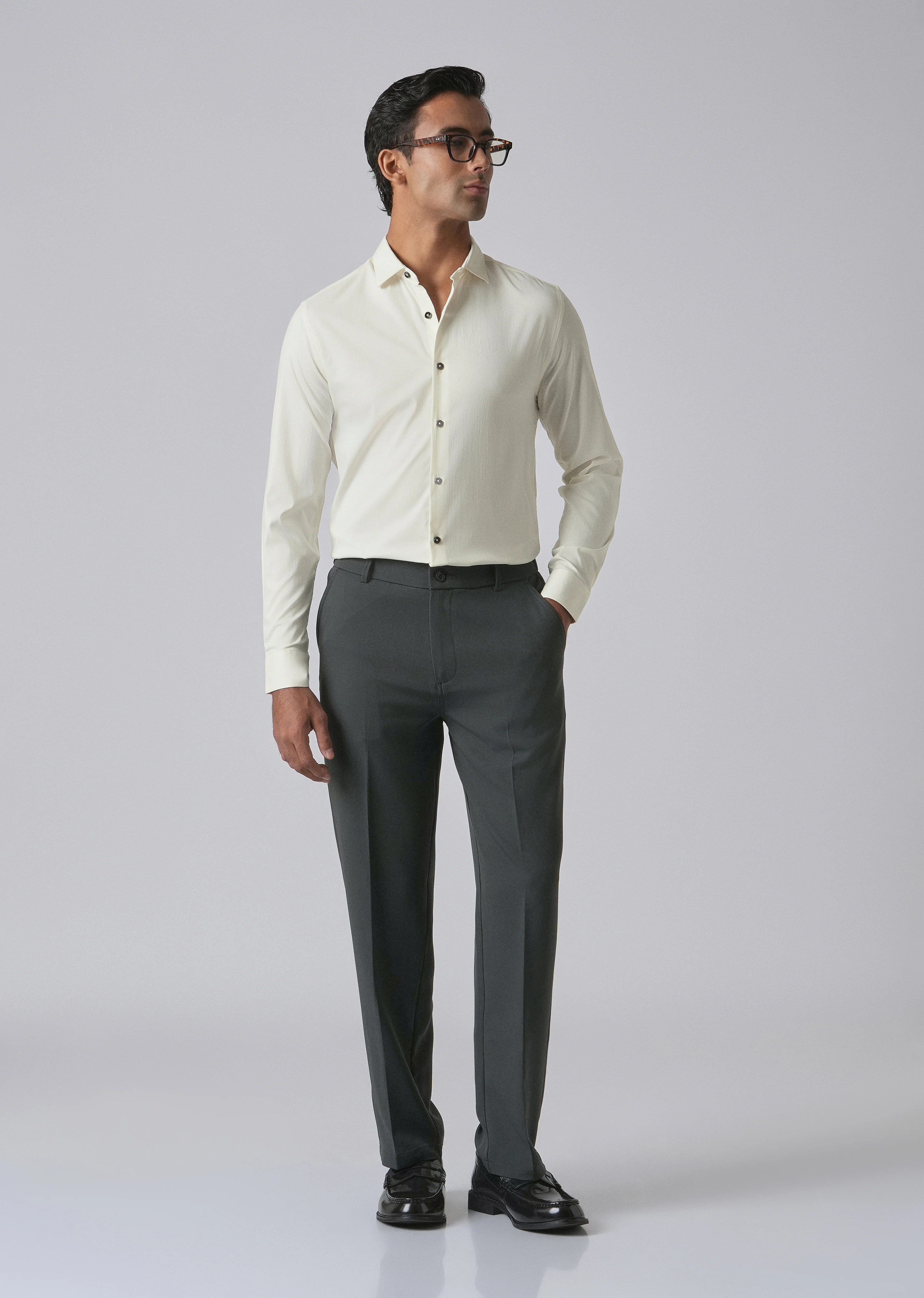 Cream Cotton Stretch Plain Shirt - Image 6