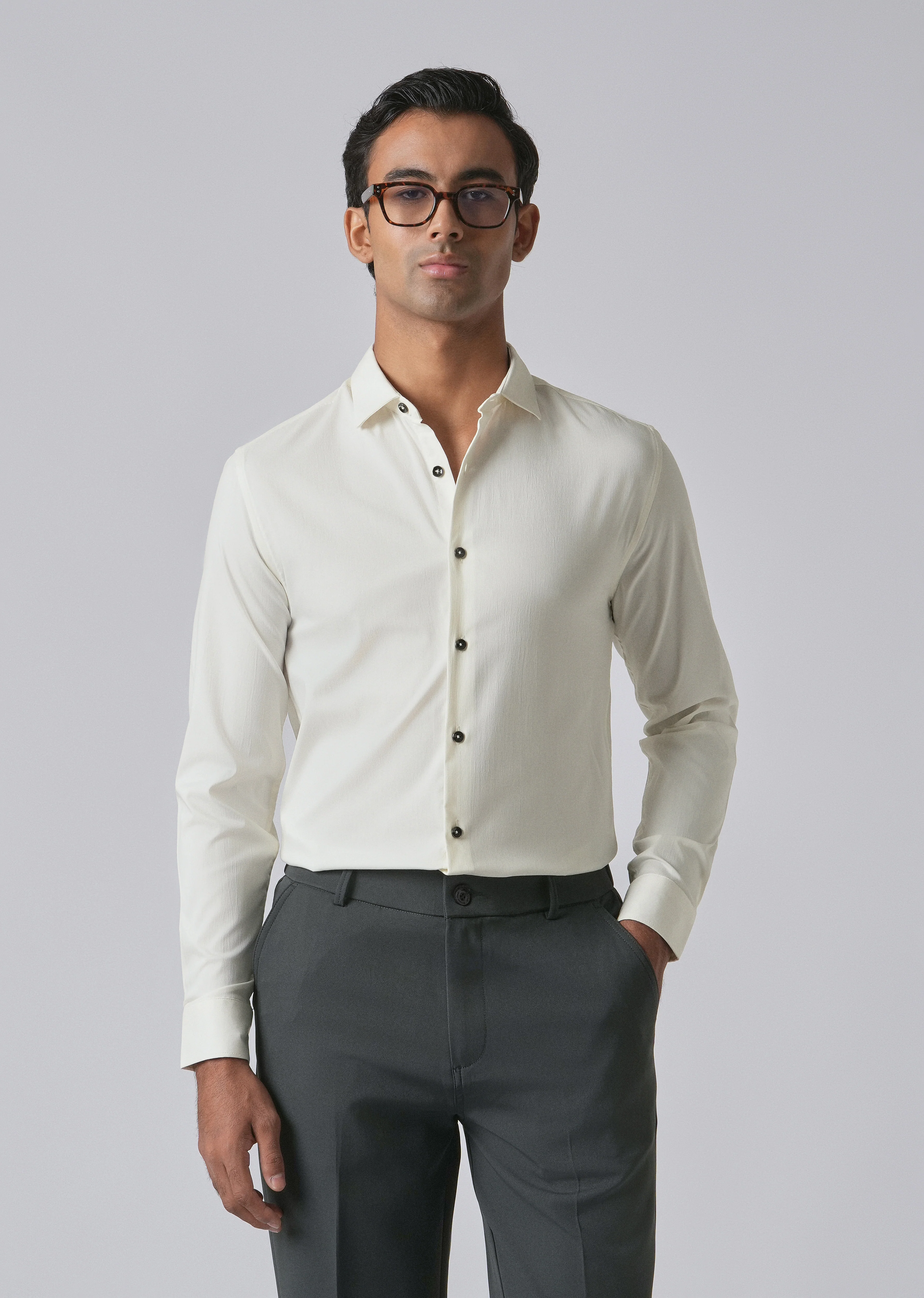 Cream Cotton Stretch Plain Shirt - Image 7