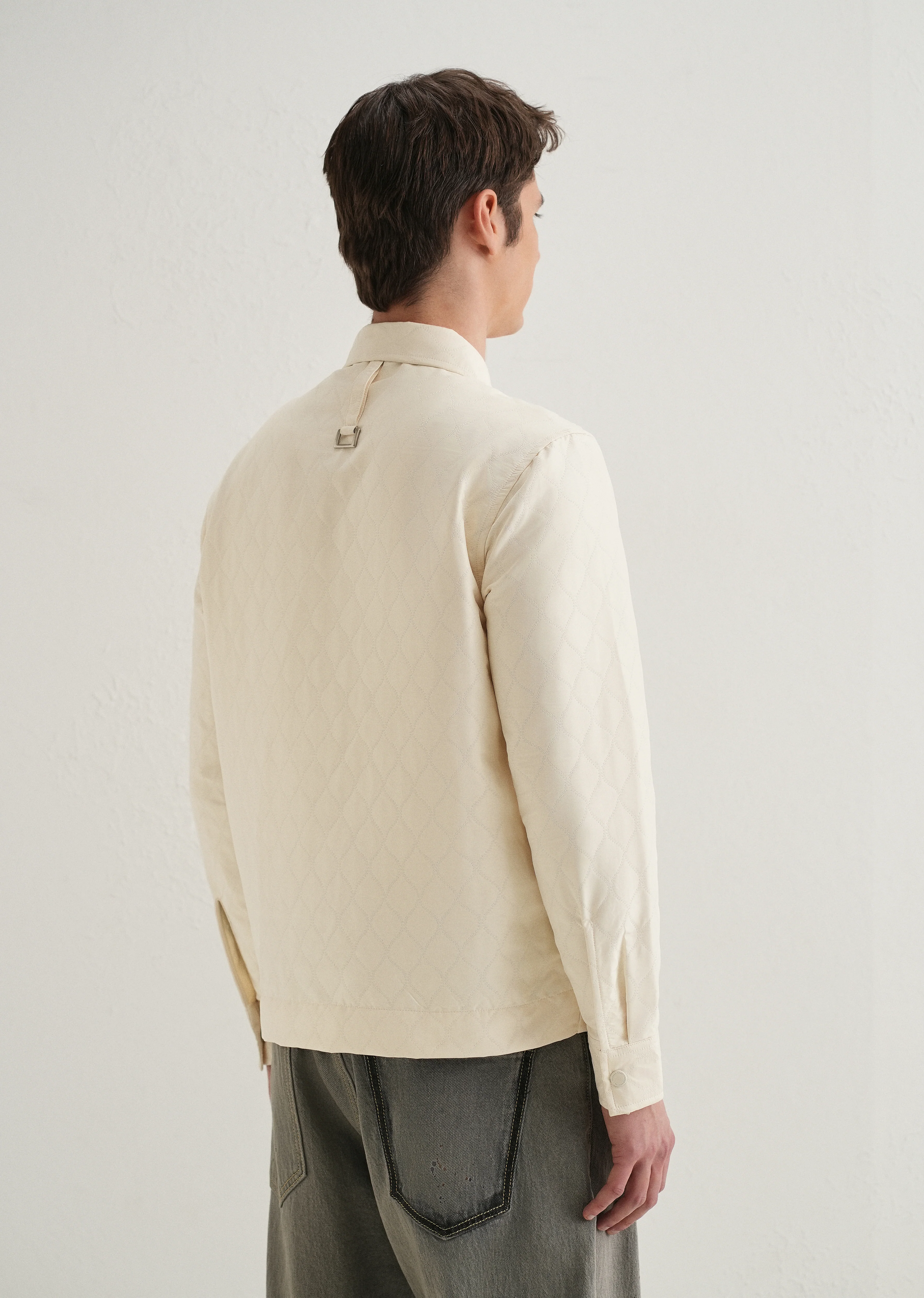 Cream Cross Pocket Self Pattern Shacket - Image 2