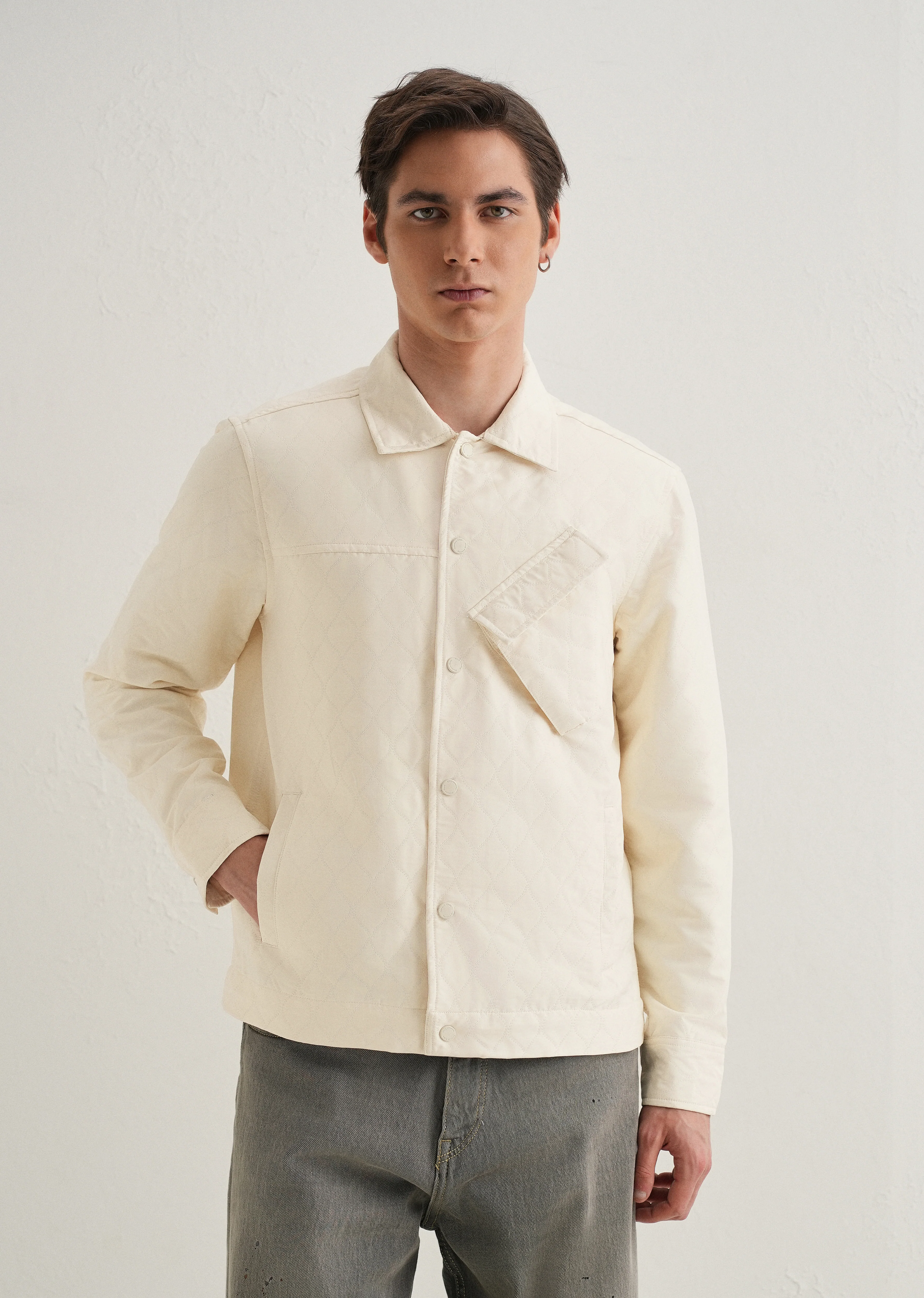 Cream Cross Pocket Self Pattern Shacket - Image 3
