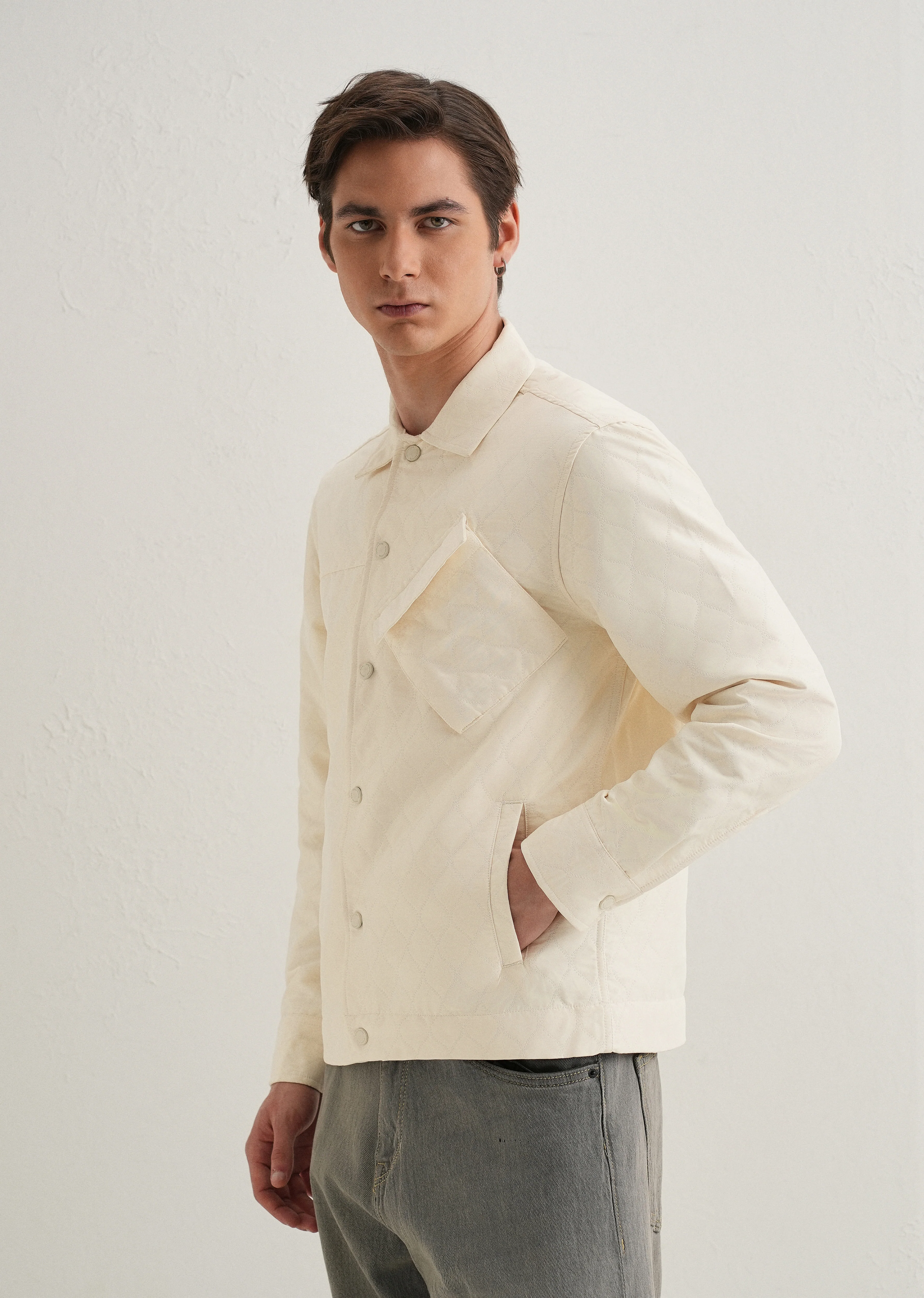 Cream Cross Pocket Self Pattern Shacket - Image 4
