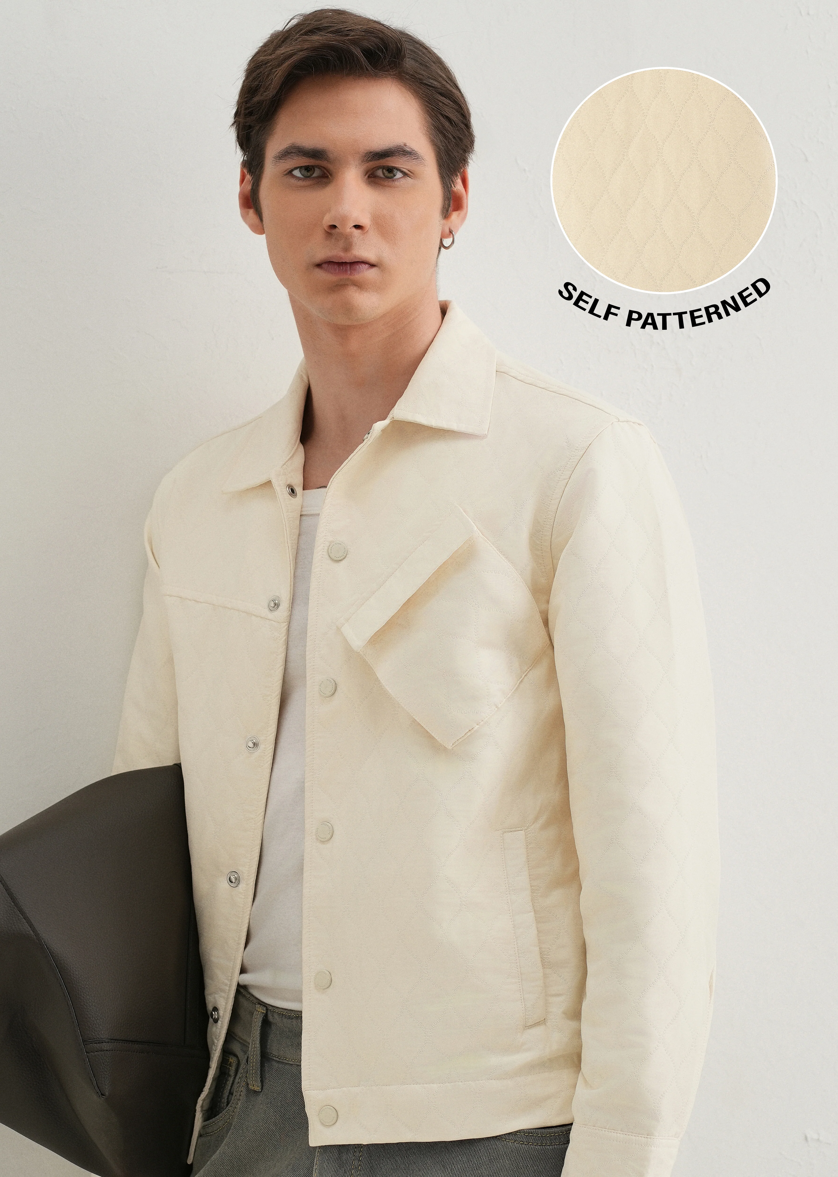 Cream Cross Pocket Self Pattern Shacket - Image 8