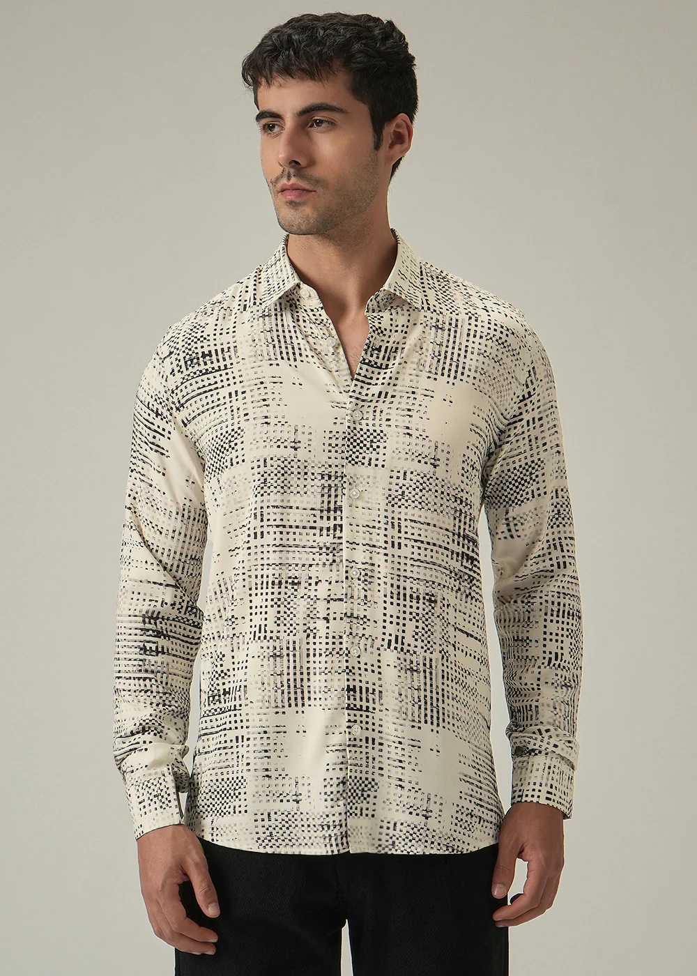 Cream Crosshatch Print Shirt - Image 3
